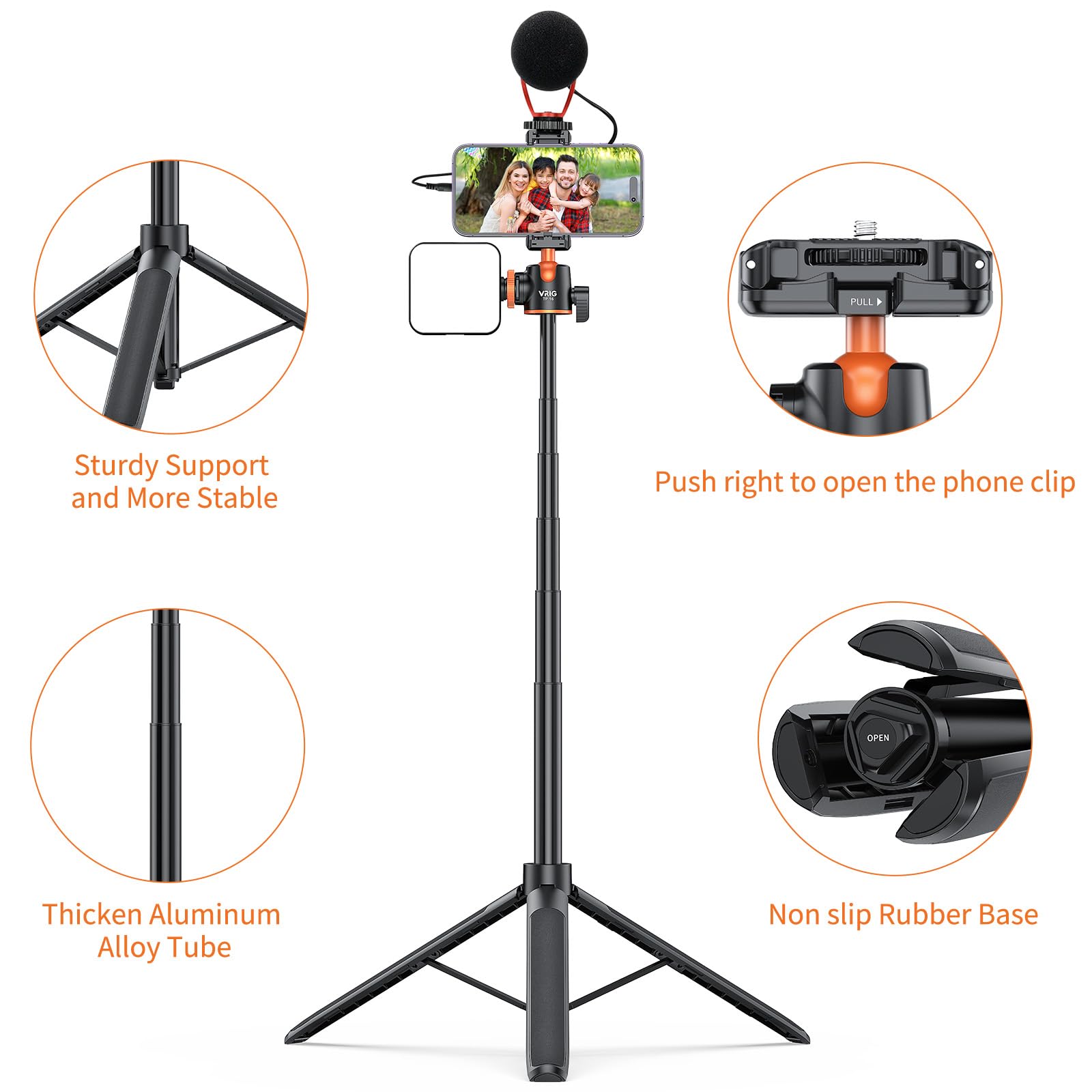 VRIG TP16 - Trípode de cámara extensible de 55 pulgadas, soporte de trípode para cámara selfie con clip de teléfono 2 en 1, ajuste de 5 niveles, cabezal de bola de 360° para iPhone, Sony, Canon