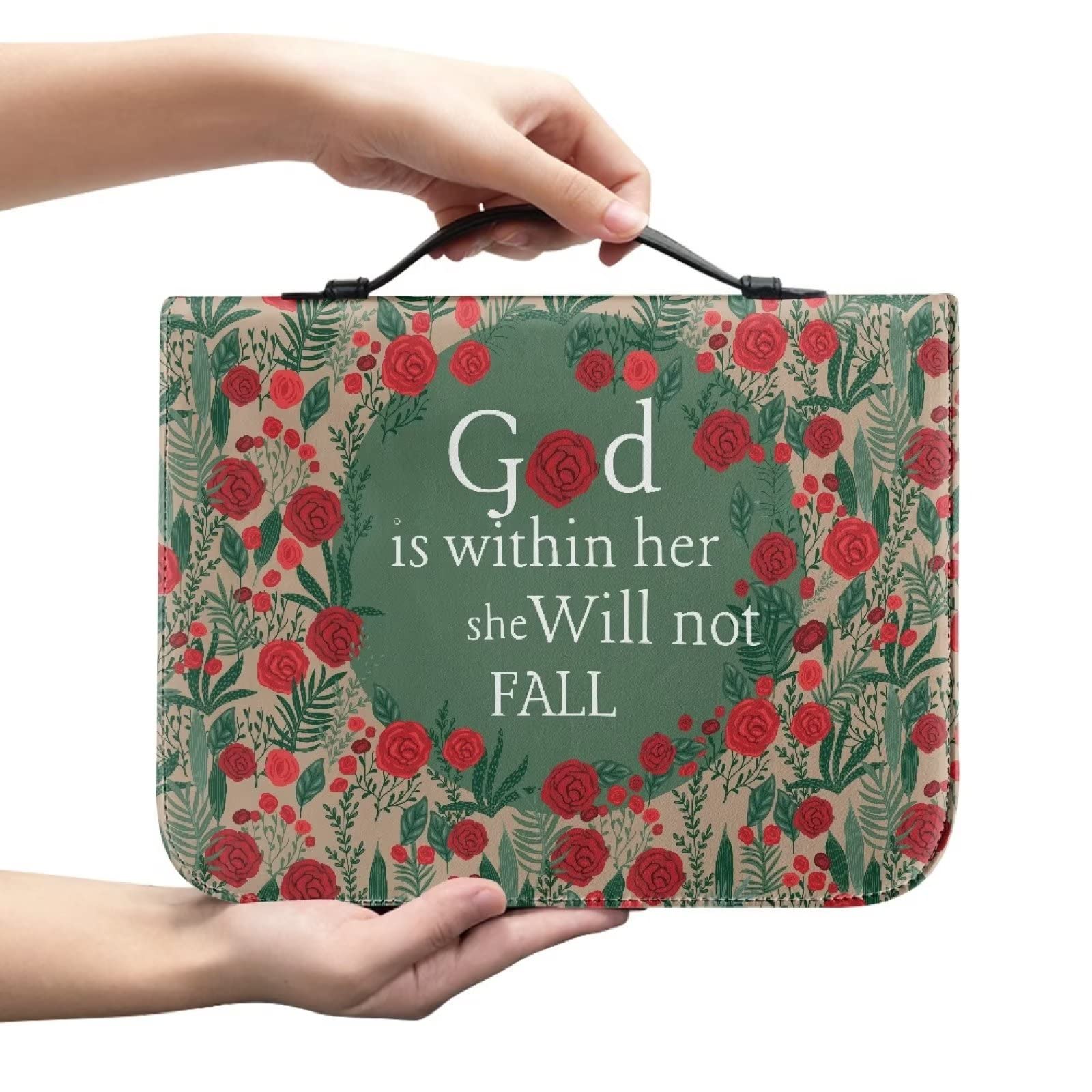 SEANATIVE Rose Flower Bible Cover for Women Leather Scripture Book Tote Bag Bible Case Organizer with God is Within Her She Will Not Fall Print Bible Protector