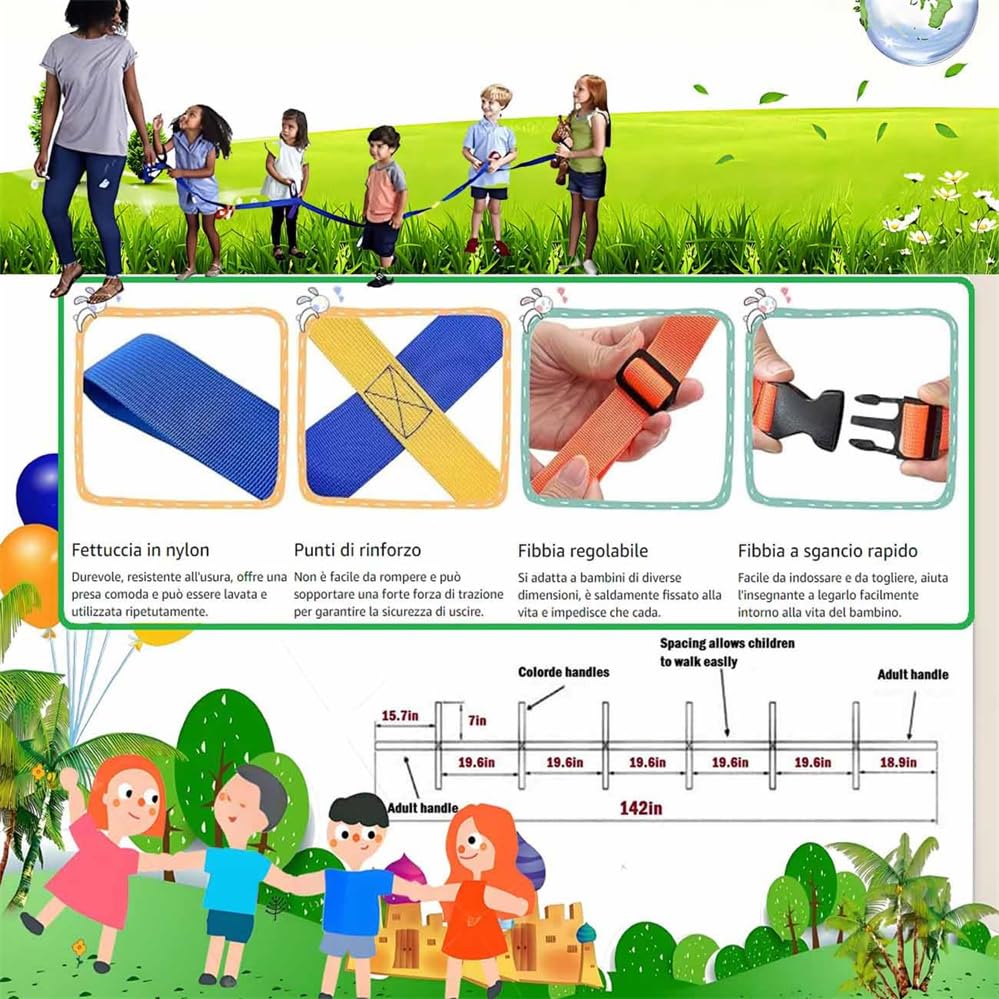 Corde de promenade en âge préscolaire pour la crèche, corde de promenade pour enfants, corde de promenade pour la sécurité des enfants, style taille adaptée pour 12 enfants et 2 enseignants.