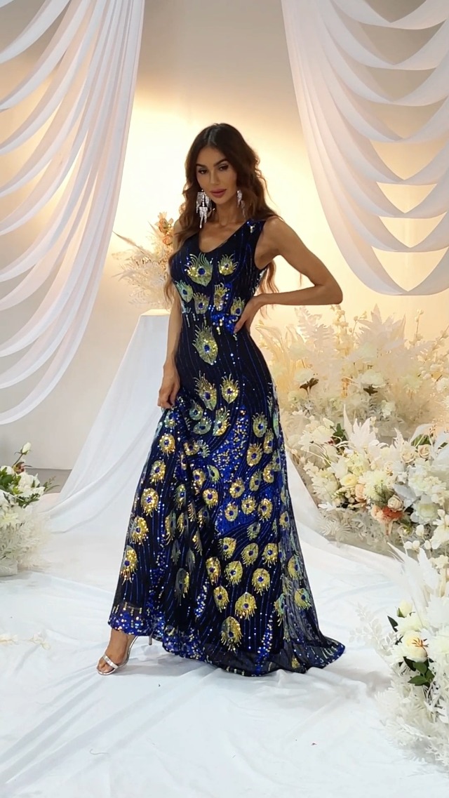 Amazon.com: Women's Vintage Peacock Sequin Dresses V Neck Party Prom Evening  Maxi Dress : Clothing