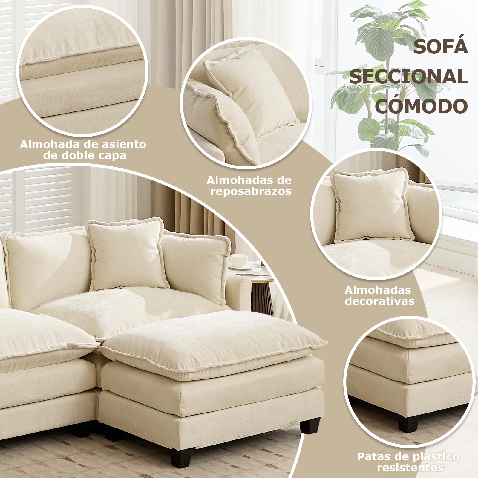 SoarFlash Sofá Moderno con reposabrazos, Tejido Chenilla, Cojines de Doble Relleno, Ideal para salón/Dormitorio/apartamento, sofá de 3 plazas en Forma L, Color Beige