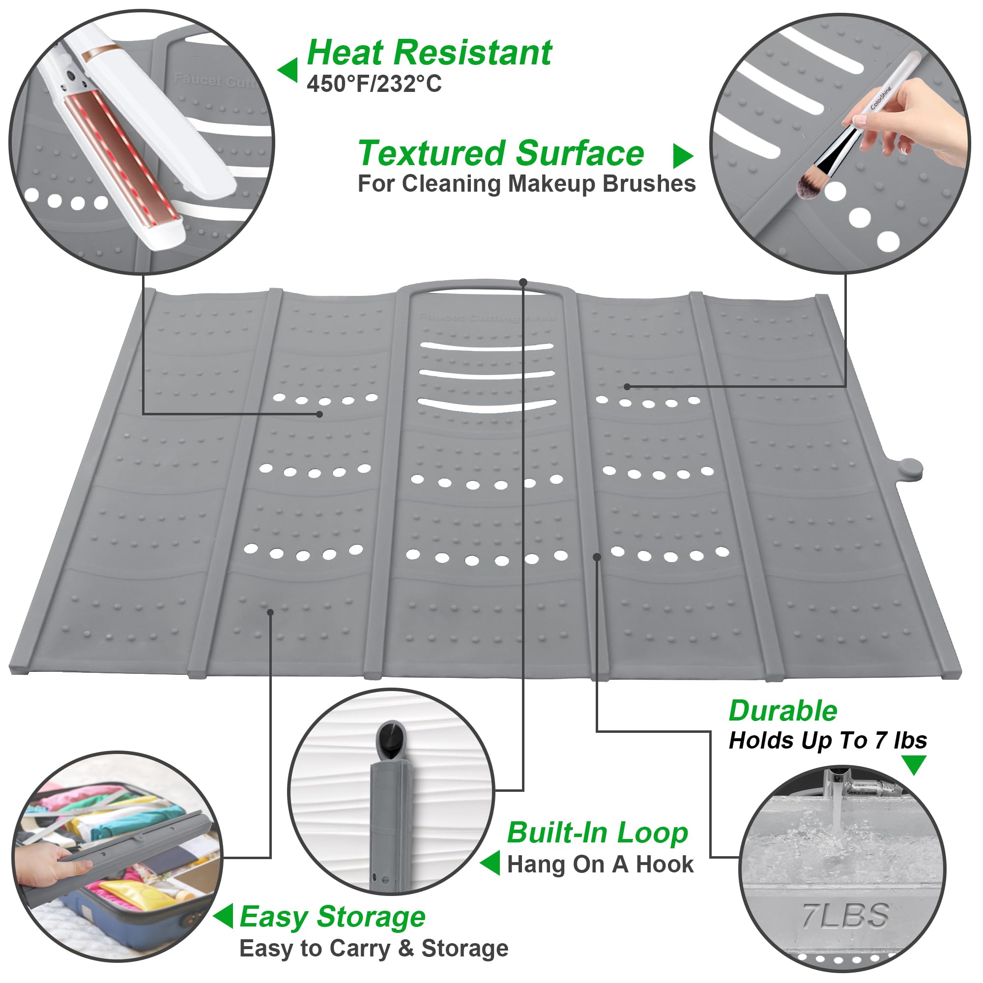 Mofason Large Bathroom Sink Makeup Mat Space Saver,Silicone Makeup Organizer Cover for Over Countertop,Small Bathroom Must Haves Accessories Rv Camper Travel Foldable Gadgets-Grey - Image 2