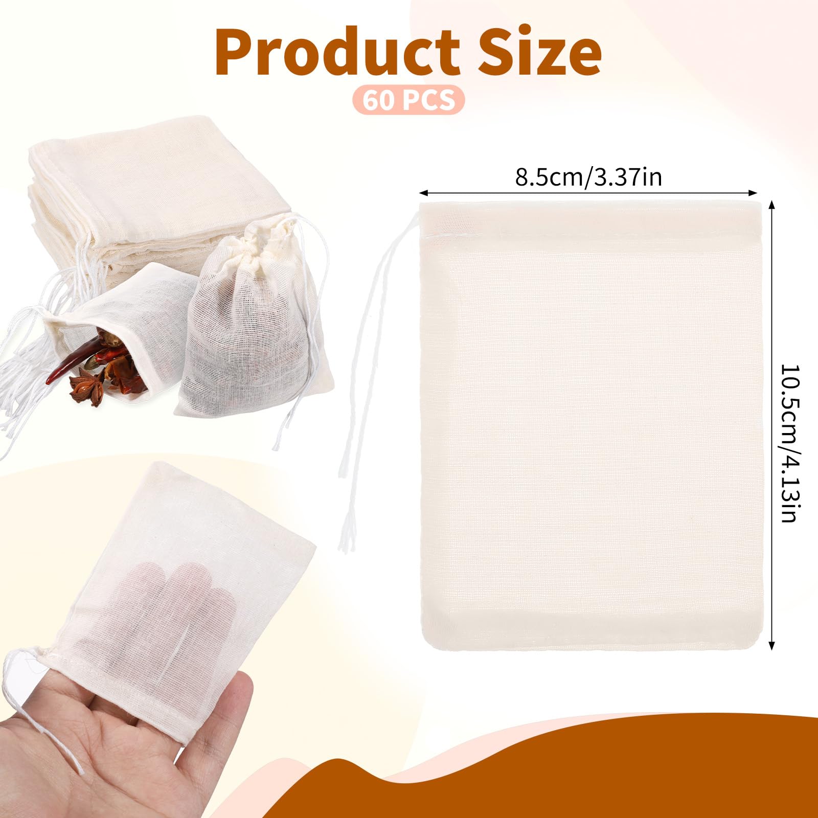 60 Pcs Drawstring Muslin Bags for Cooking 4x3 Inch Reusable Mesh Bags Loose Tea Cloth Bag Sachet Empty Spice Bags for Filtering Cooking Soups Herbal Teas Cold Brewed Coffee - Image 2