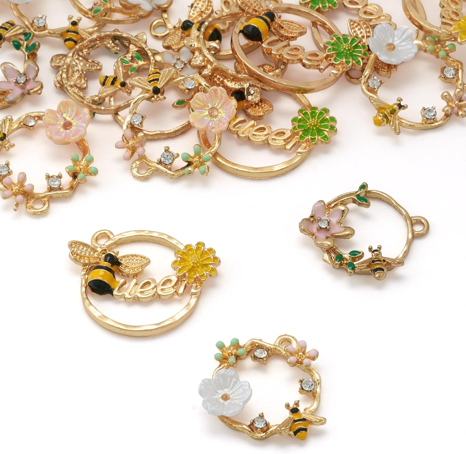 Cheriswelry 24Pcs Enamel Charms for Jewelry Making Bee Flower Light Gold Plated Alloy Pendants Flat Round Hollow Charm 21.5-22mm for Necklace Bracelet Earrings Summer Decoration - Image 7