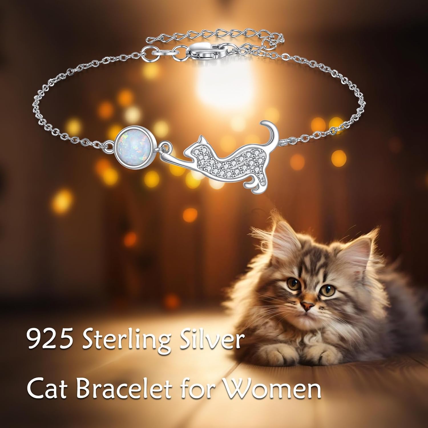 Cat Bracelets for Women 925 Sterling Silver Cat Opal Bracelet Animal Jewelry Gifts for Women