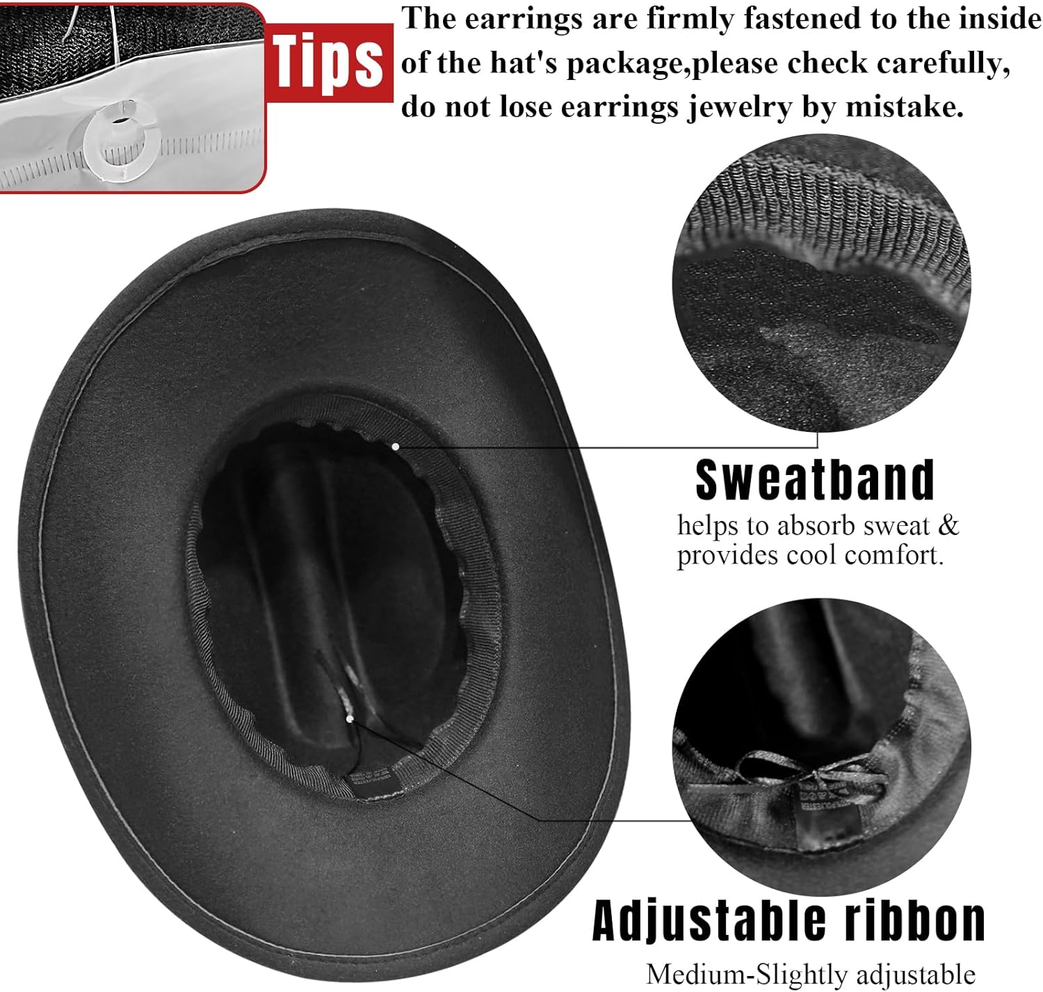 Cowboy Hat Rhinestone Cowgirl Boots Earrings Set Western Earring Felt Fedora Jazz Hat Rodeo Outfit for Women Size M - Image 2