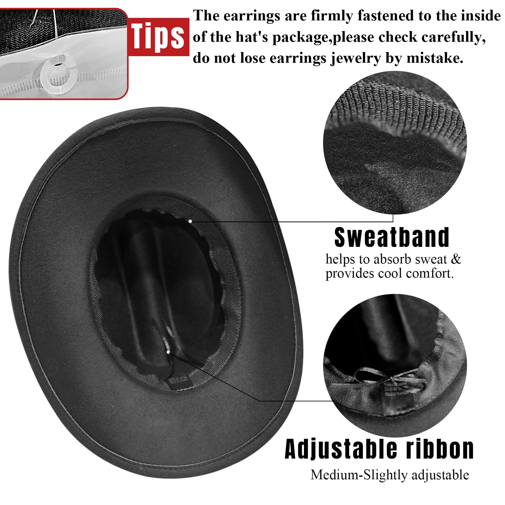 Aswitnove 2 Pcs Cowboy Hat Rhinestone Cowgirl Boots Earrings Set Western Earrings Felt Fedora Jazz Hat Rodeo Outfit for Women Men Black