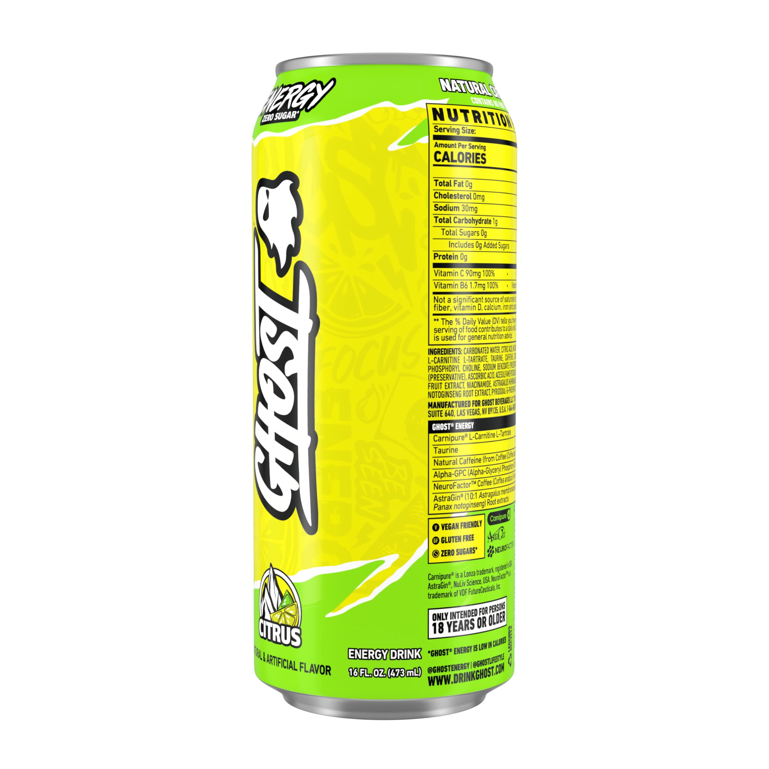 GHOST Energy Drink - Single Can, Citrus 16oz - Energy & Focus & No Artificial Colors - 200mg Natural Caffeine, L-Carnitine & Taurine - Gluten-Free & Vegan