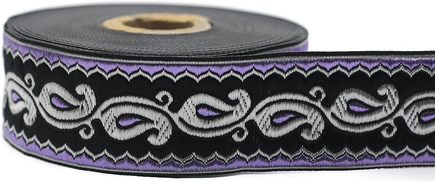 11 Yard Spool 1.37 inches Wide Lilac Black Dokkalfar Jacquard Ribbon Woven Embroidered Sewing Drapery Trim Decorative Fabric 35911