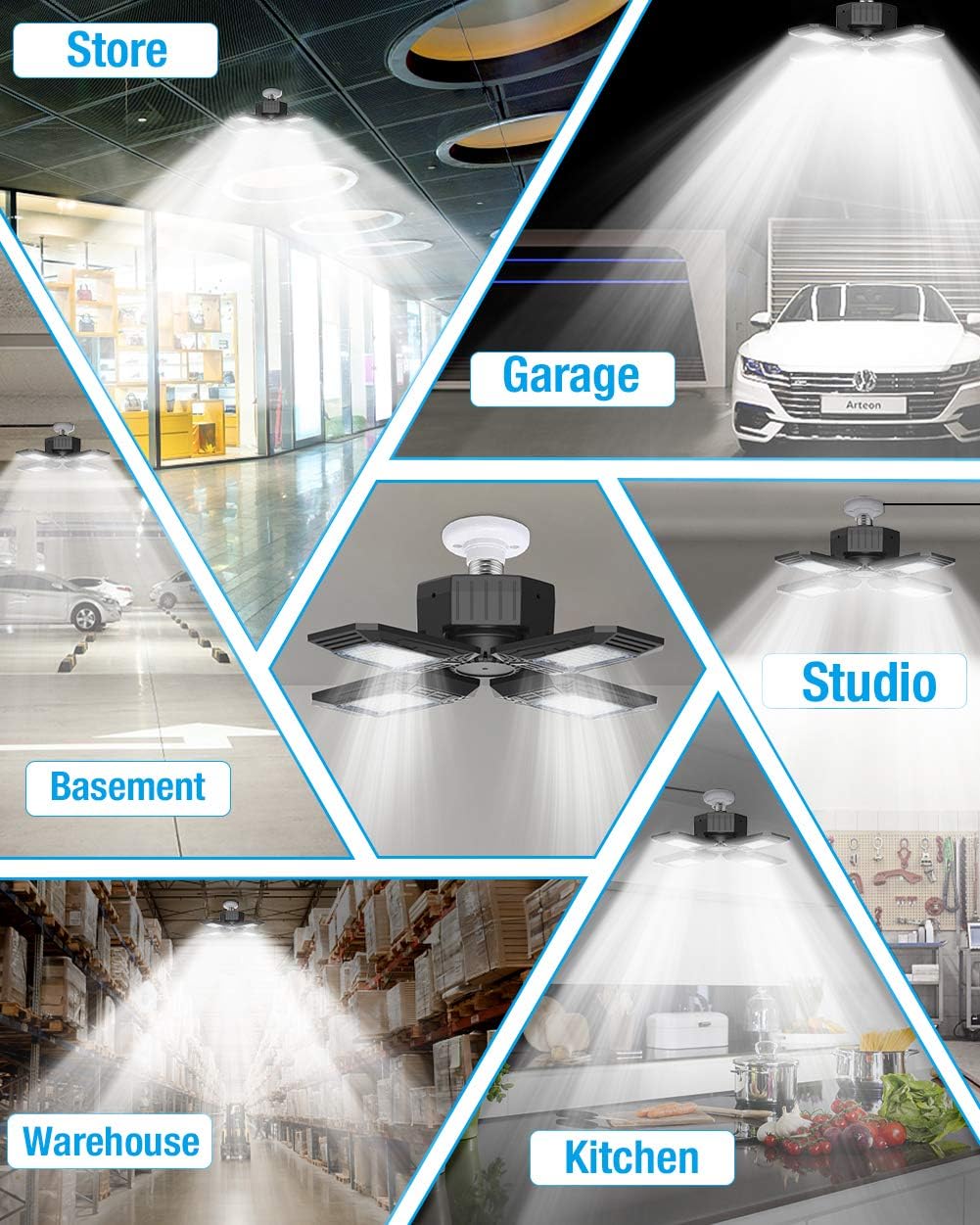 Crazy Clearance VEARMOAD LED Garage Lights, 120W Garage Lighting 12000LM 4 Panels Deformable E26/E27 Workshop Lights, 6500K Retractable Garage Ceiling Lights for Basement, Warehouse, Garage, Storage, Workshop