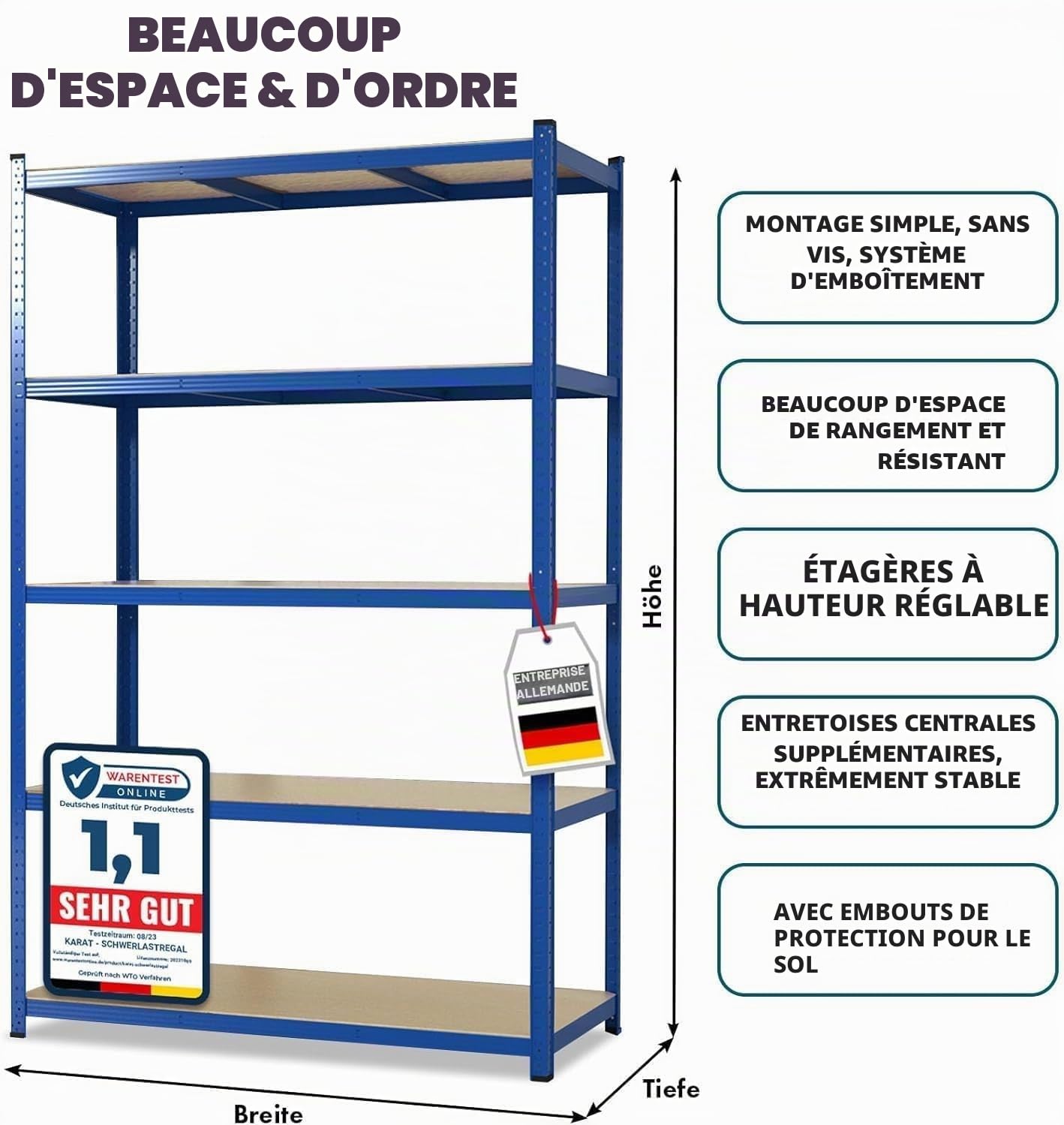 casa pura Étagère pour charges lourdes - 200 x 100 x 50 cm - Bleue - Étagère de rangement - Système d'emboîtement à monter sans outils
