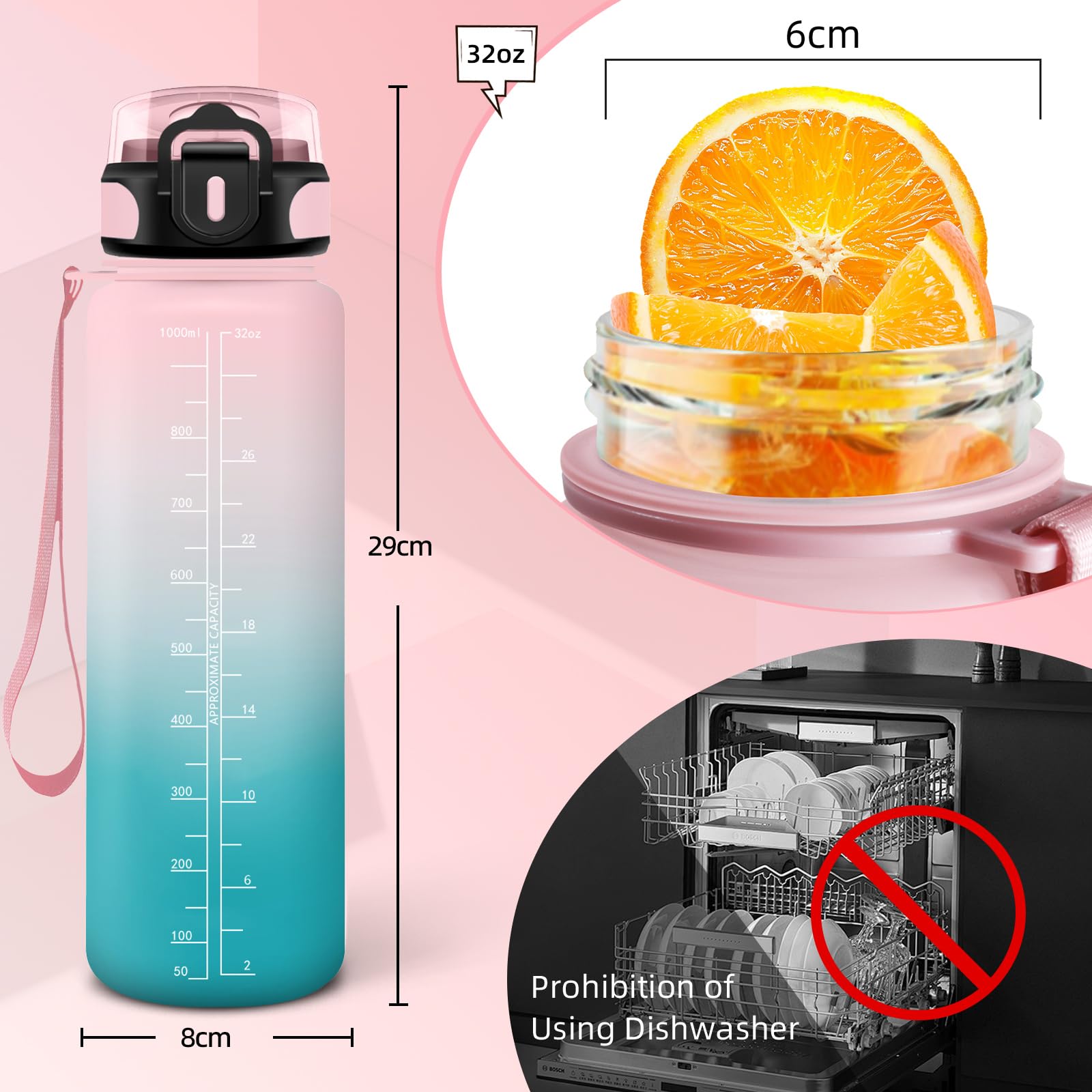 Drinkfles, 1 liter, motiverende drinkfles, lekvrij, wandelfles met rietje, gemakkelijk te reinigen, drinkfles met tijdschema's voor drinken, sport, fitnessstudio, wandelen, yoga, zwart