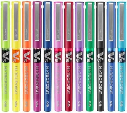 Pilot Hi-Tecpoint V5 Multicolour Set Roller Ball Pen (Pack of 12, Blue, Black, Red, Green, Orange, Yellow, Pink, Violet, L...