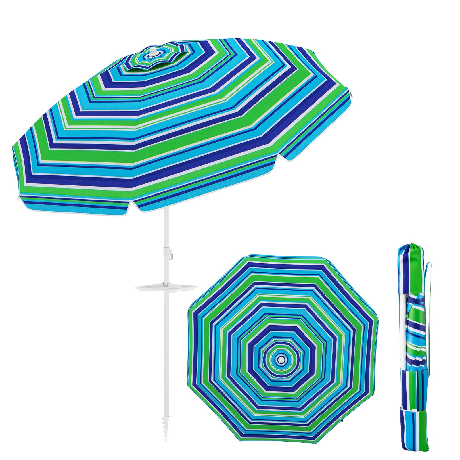 COSTWAY Parasol przeciwsłoneczny, 182 cm, odporny na wiatr, stabilny, UPF 50+, możliwość zginania w zakresie 30°, ochrona przed słońcem z ostrzem do wbijania w ziemię i torbą do przenoszenia, parasol