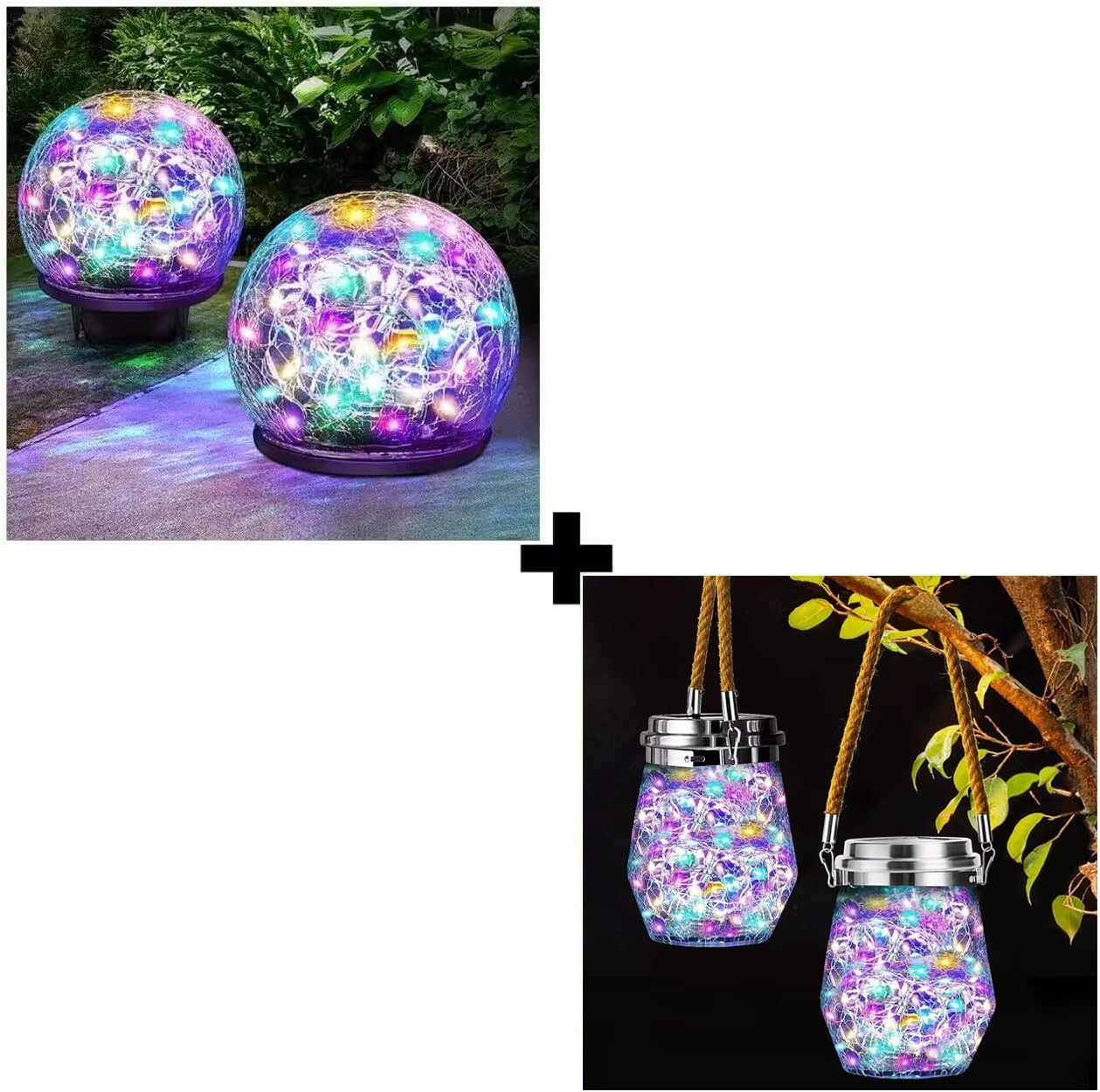 Solar Garden Lights - 2 Pack Multicolor Cracked Glass Solar Globe Lights and 2 Pack Solar Lantern, Solar Lights Outdoor Decorative Yard Patio Pathway Decoration