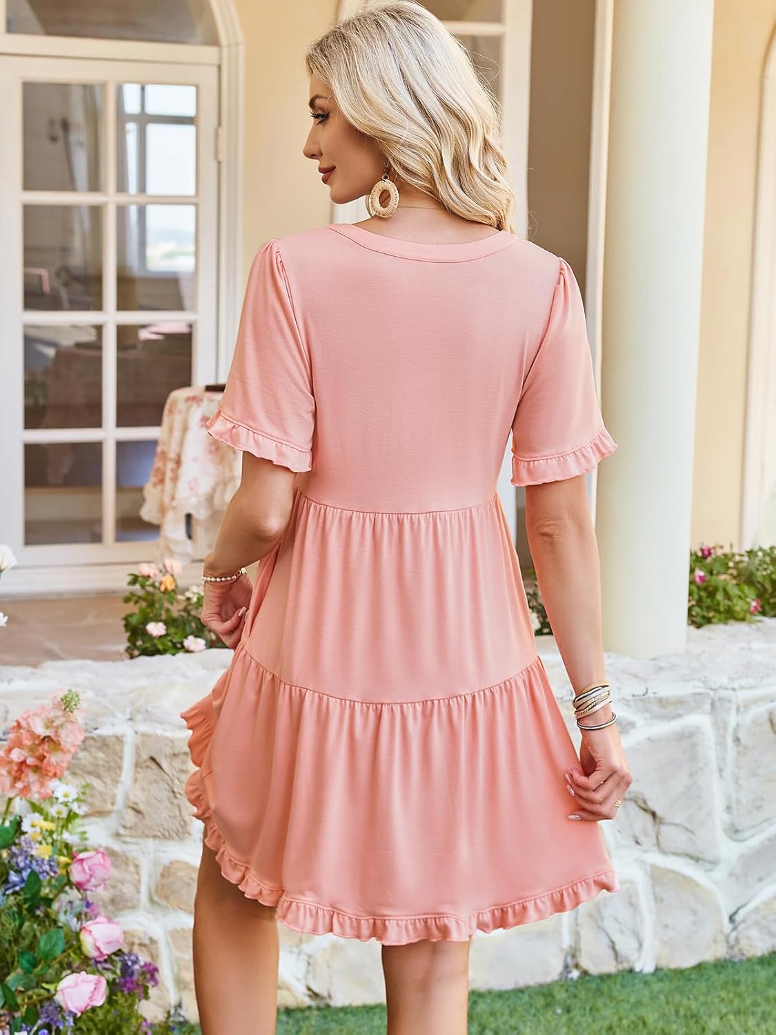 Naggoo Women's Summer Dresses Casual V Neck Short Sleeve A Line Tiered Ruffle Swing Mini Beach Dress with Pockets - Image 5