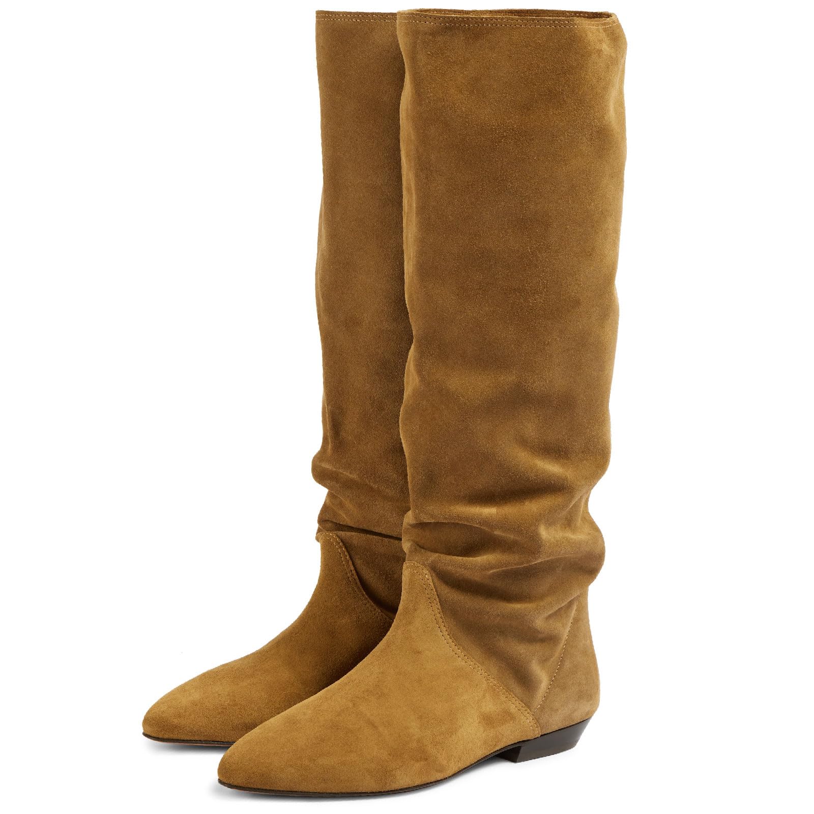 Womens Fashion Slouch Flat Knee High Boots Suede Ruched Pointed Closed Toe Pull On Fall Winter Dressy Flat