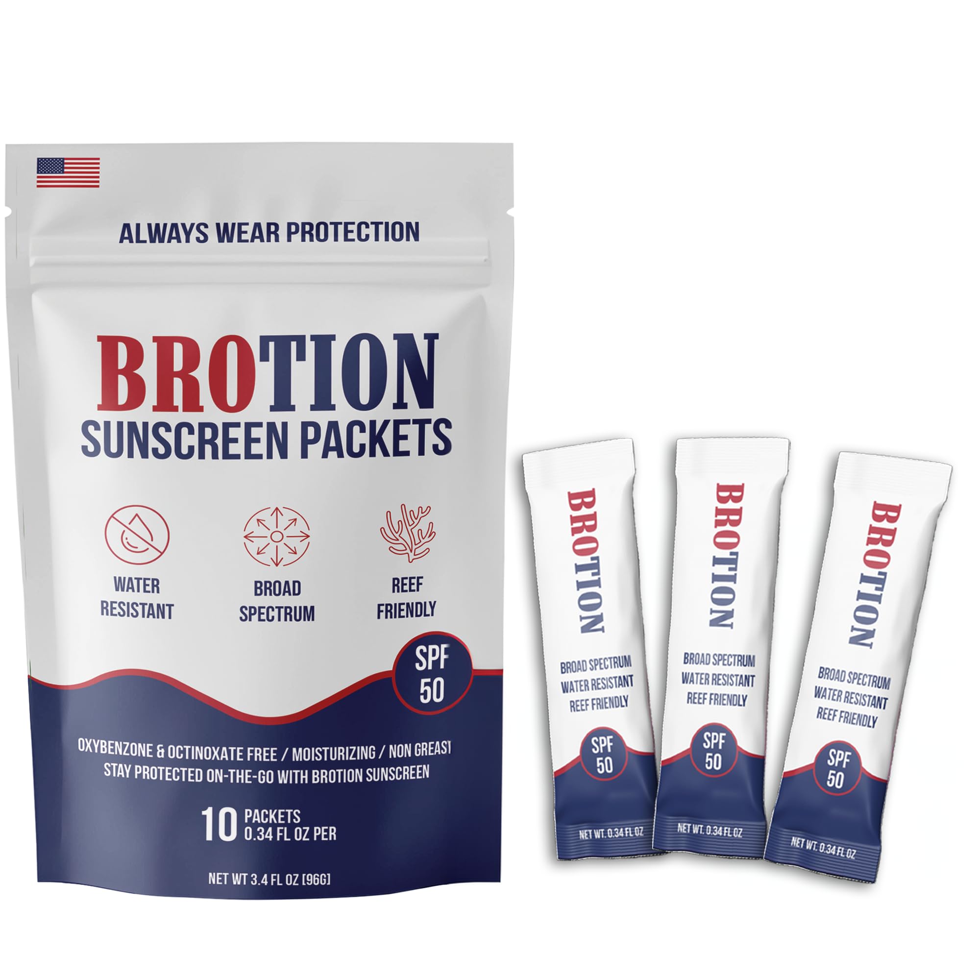 BROTION Broad Spectrum SPF 50 Travel Size Sunscreen Packets – Water Resistant and Non-Greasy – Oxybenzone & Octinoxate Free – Perfect Party Favors 0.34 Fl Oz (Pack of 10)