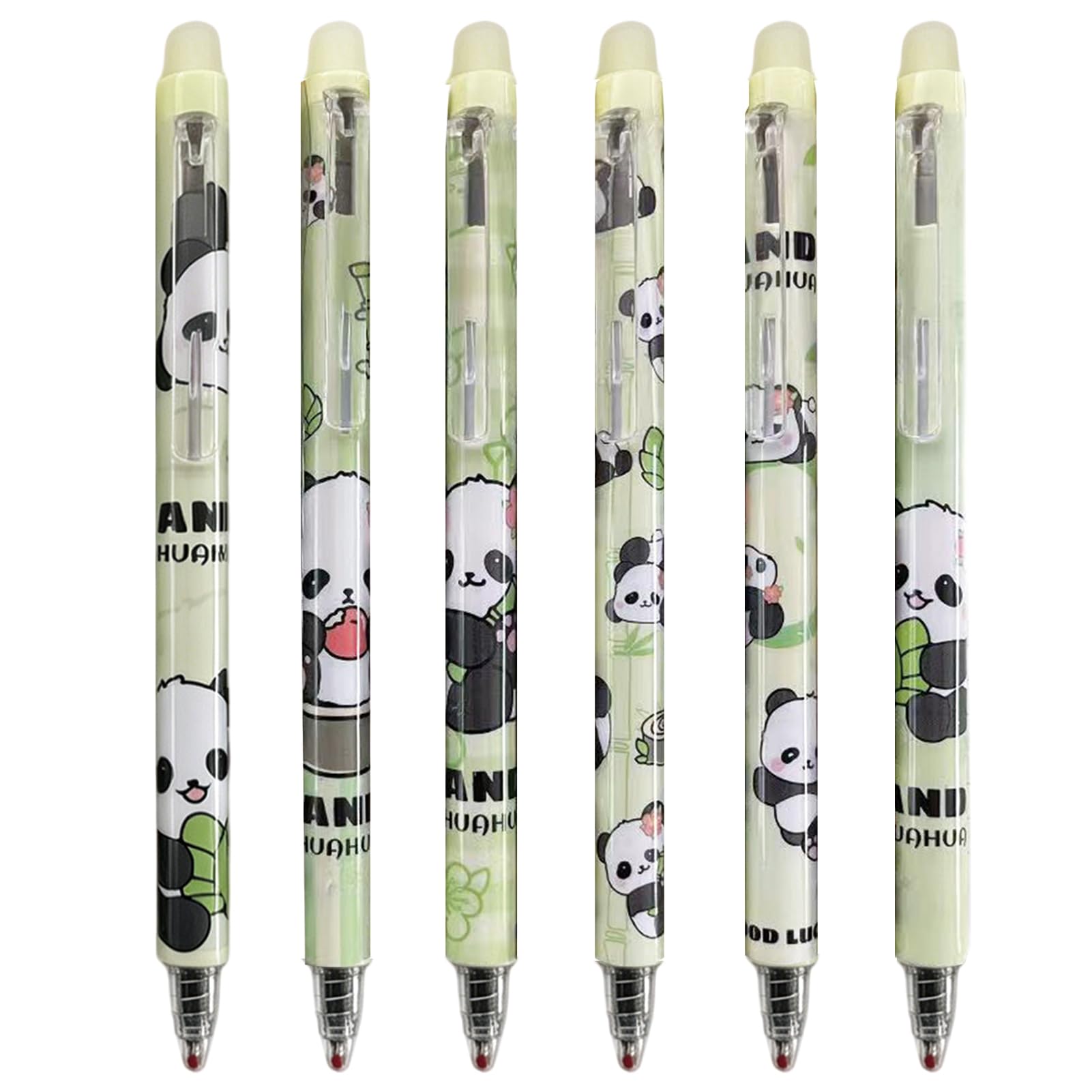 6 szt. urocza panda, wymazywalne, kreskówka, chowany długopis, 0,5 mm, czarny atrament, gładkie pisanie, wymazywalny długopis żelowy, dla kobiet, mężczyzn, chłopców, dziewcząt, artykuły