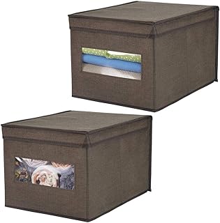 mDesign boîte de rangement empilable (en lot de 2) – grande caisse de rangement avec couvercle et fenêtre pour chambre, placard, etc. – panier de rangement vêtements en fibre synthétique – brun foncé