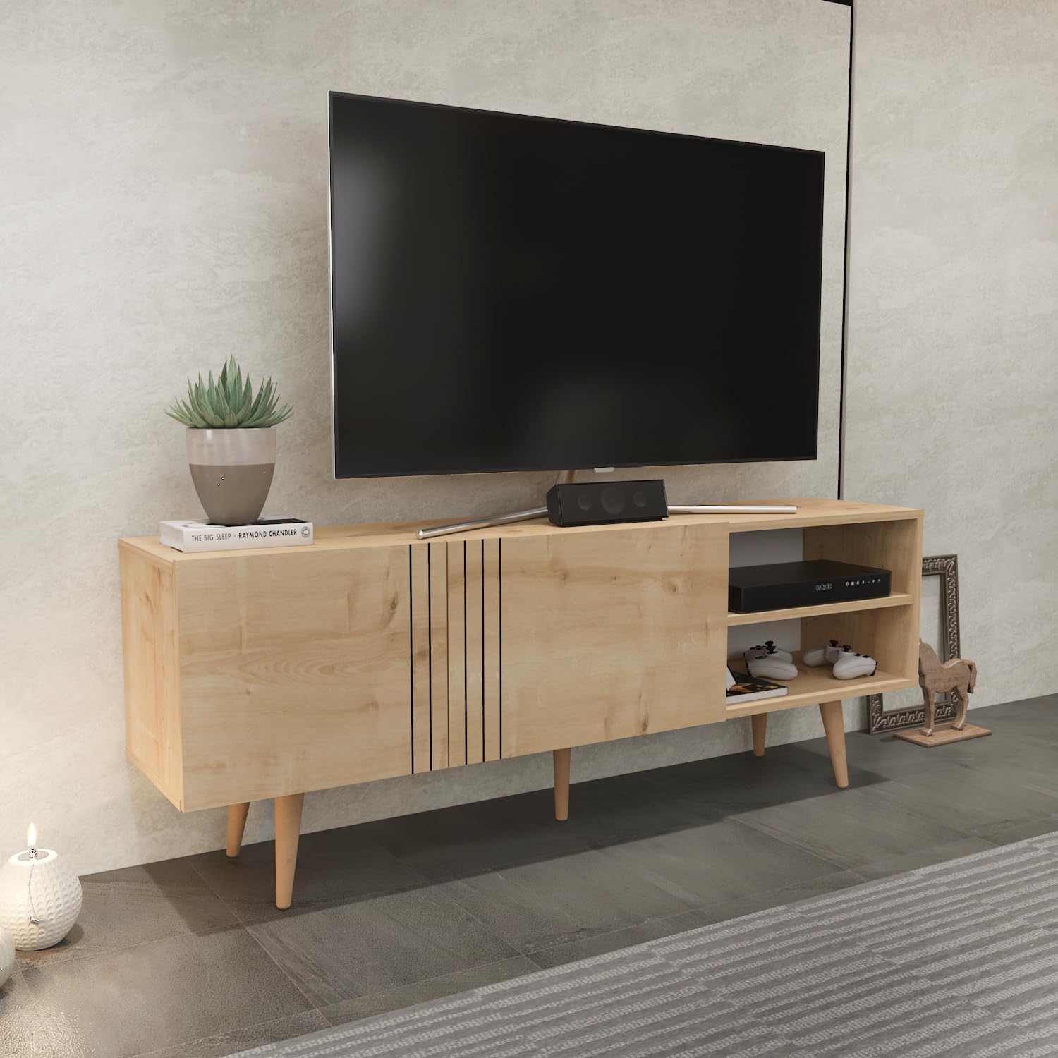 Decorotika Ronas 63 inch Mid-Centruy Modern TV Stand Entertainment Center Console Table with Solid Wood Legs (Oak)