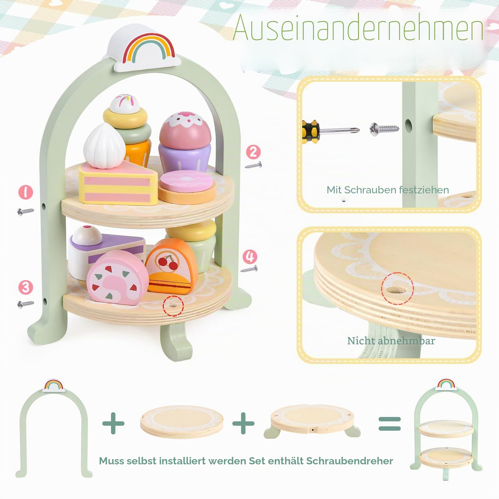Atoylink Teeservice Kinder Holzspielzeug Kinderküche Zubehör Holz Teeparty Set mit Spielküche Holz Cupcake Ständer Teekanne Teetassen Teeset Rollenspiel Geschenk für Kinder Mädchen 3 4 5 6 7+ Jahre