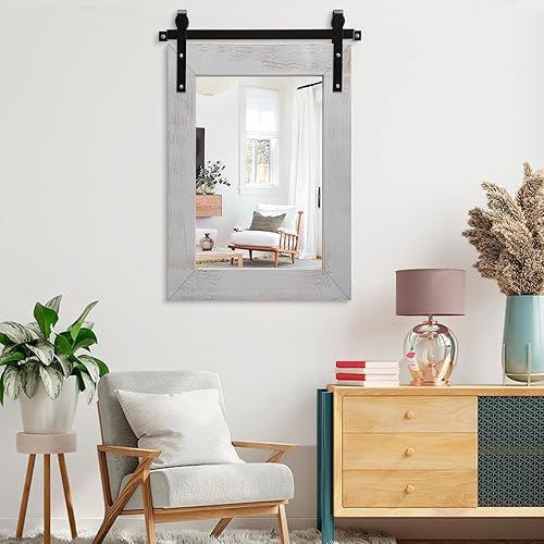 Miniatura 6 de AAZZKANG Espejo rectangular con marco de madera, espejo de pared rústico de 30 x 22 pulgadas, espejo colgante para puerta de granero para baño, sala
