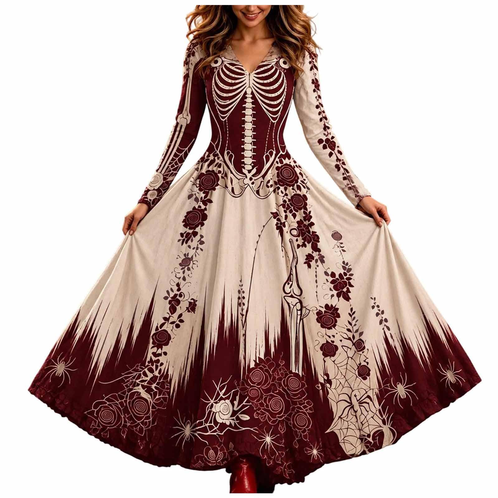 Halloween Dresses for Women UK, Skeleton Rose Maxi Dress, Gothic Costume — image 1