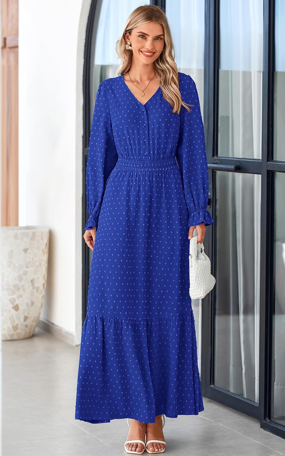 PRETTYGARDEN Women's 2025 Maxi Dress Long Sleeve V Neck Flowy Swiss Dot High Waist Casual A Line Fall Wedding Guest Dresses - Image 3