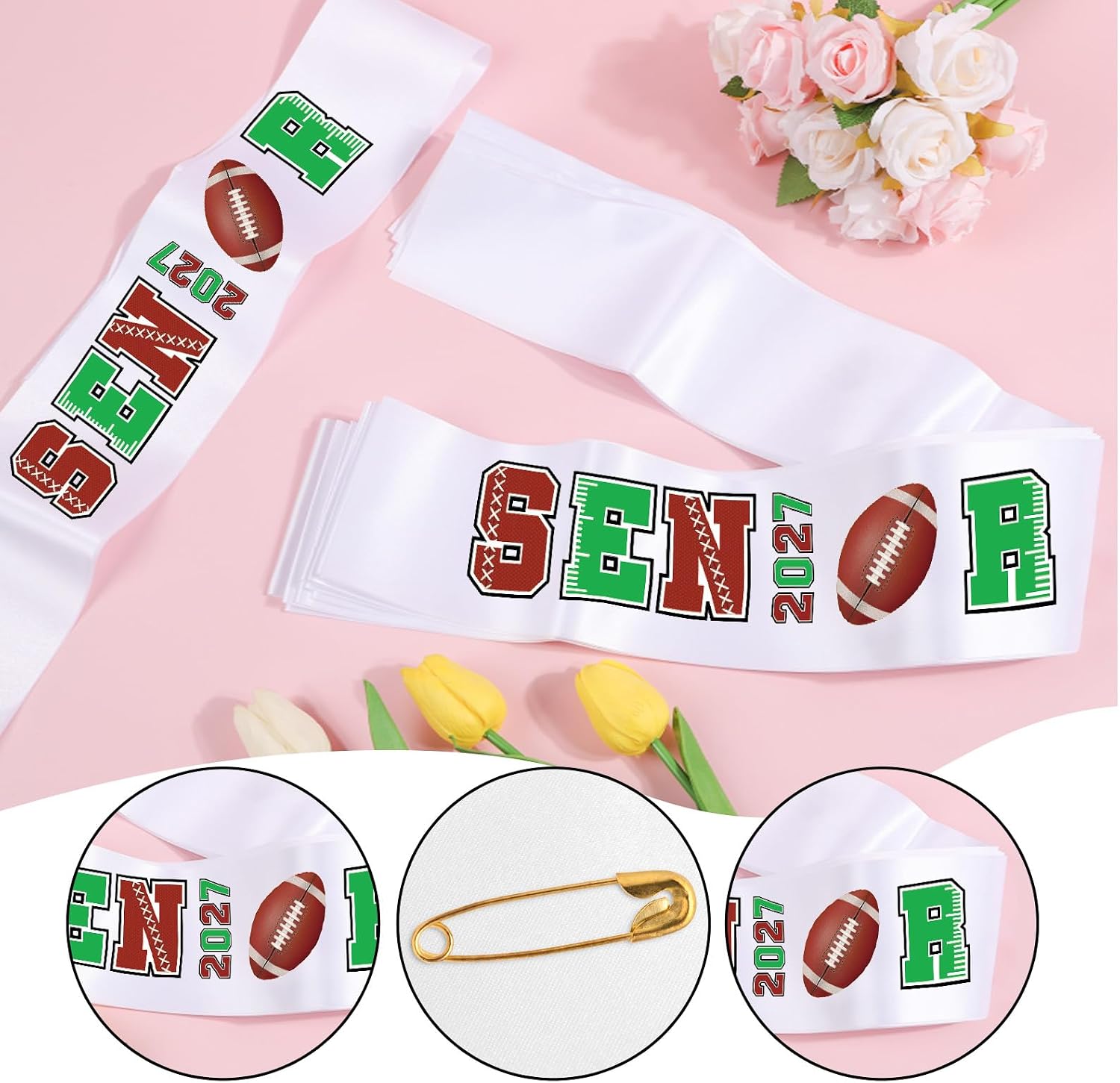 Football Senior Sashes 2027, 6 Pack White Graduation Celebration Sash Football Theme Letters, Sport Themed Cheer Grad Class of 2027 Senior Night Decorations Supplies