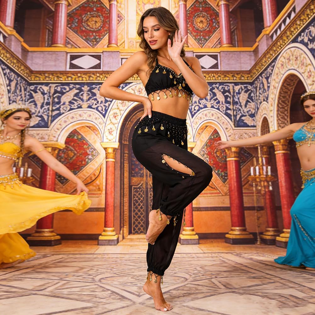 Women's Belly Dance Coin Lantern Pants Elastic Band Hollow Out Design Performance Trousers
