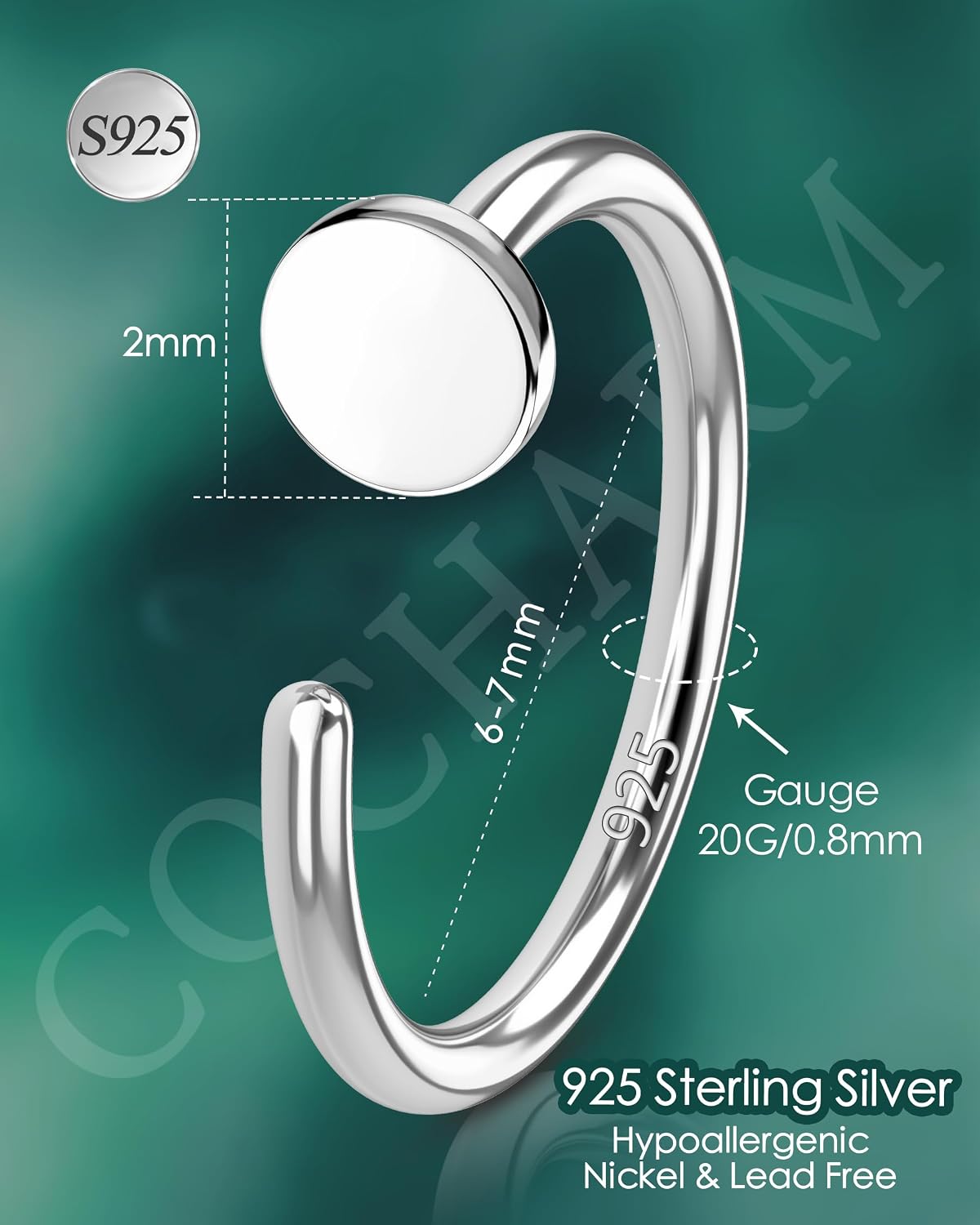 COCHARM 20G 925 Sterling Silver Small Thin Nose Ring Hoop for Women, Gold Plated 6mm - 7mm - 8mm Adjustable Half Hoop Nostril Piercing Jewelry
