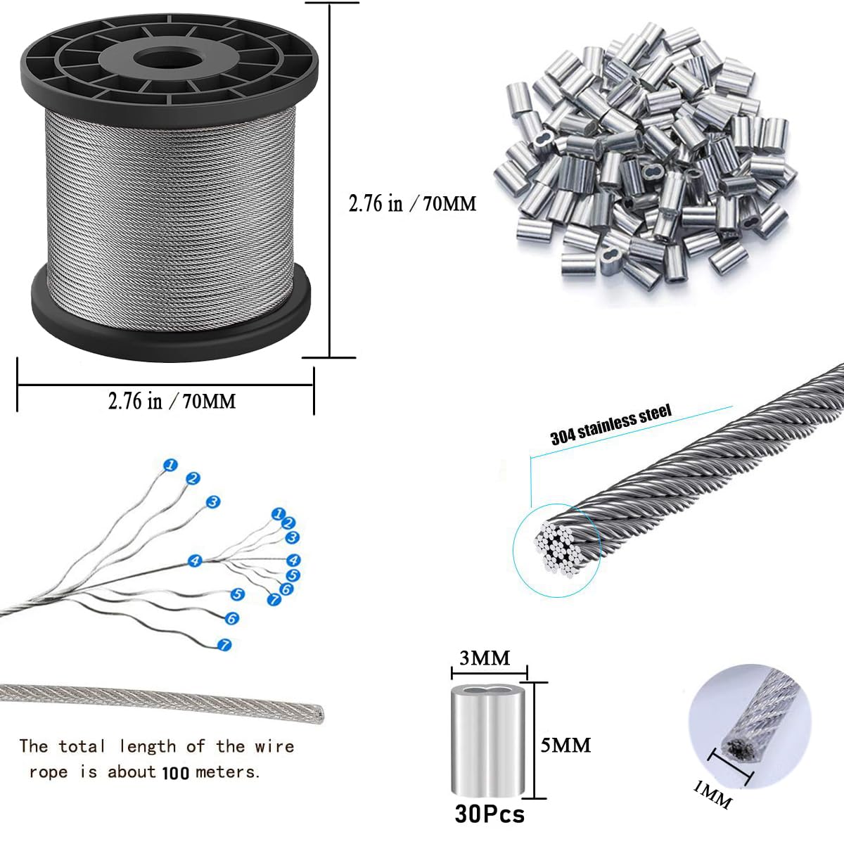 100 m Stahlseil 1 mm Linka Stalowa, 304 Stahl Drut Stalowy 7 x 7 Miękka/Elastyczna, 40 Szt. M1 Aluminiowa Tuleja Zaciskowa do Liny Stalowej, Zawieszenia, Zasłony, Kabla ze Stali Nierdzewnej