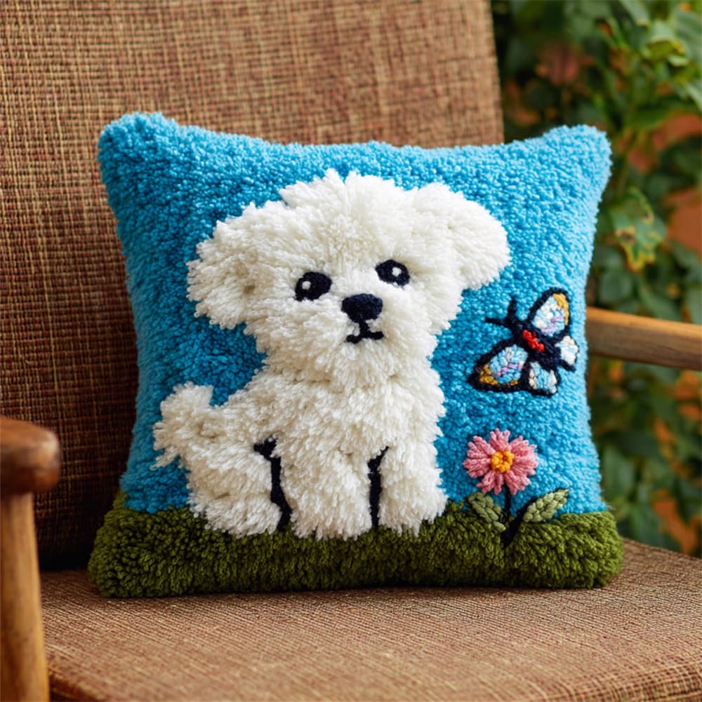Taxpy Latch Hook Cushion Kits for Adults,Bichon Frise and Butterfly 17X17Inch DIY Embroidery Pillow Case Kits