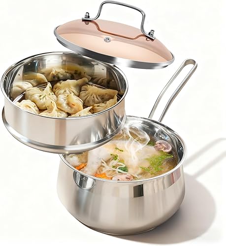 Cacerola de acero inoxidable con cesta de vapor, olla de cocina de 2.5 cuartos de galón compatible con todas las estufas, olla de sopa perfecta para