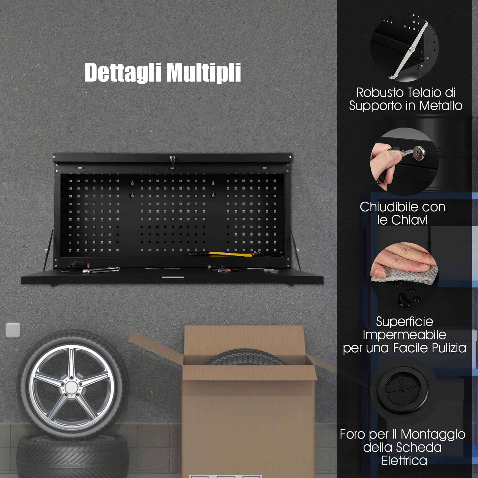 COSTWAY Banco da Lavoro Pieghevole a Parete, Organizzatore 2 in1 con Pannello Portautensili e Piano Spazioso, Tavolo da Lavoro Appeso per Garage, Magazzino, Officina, Nero