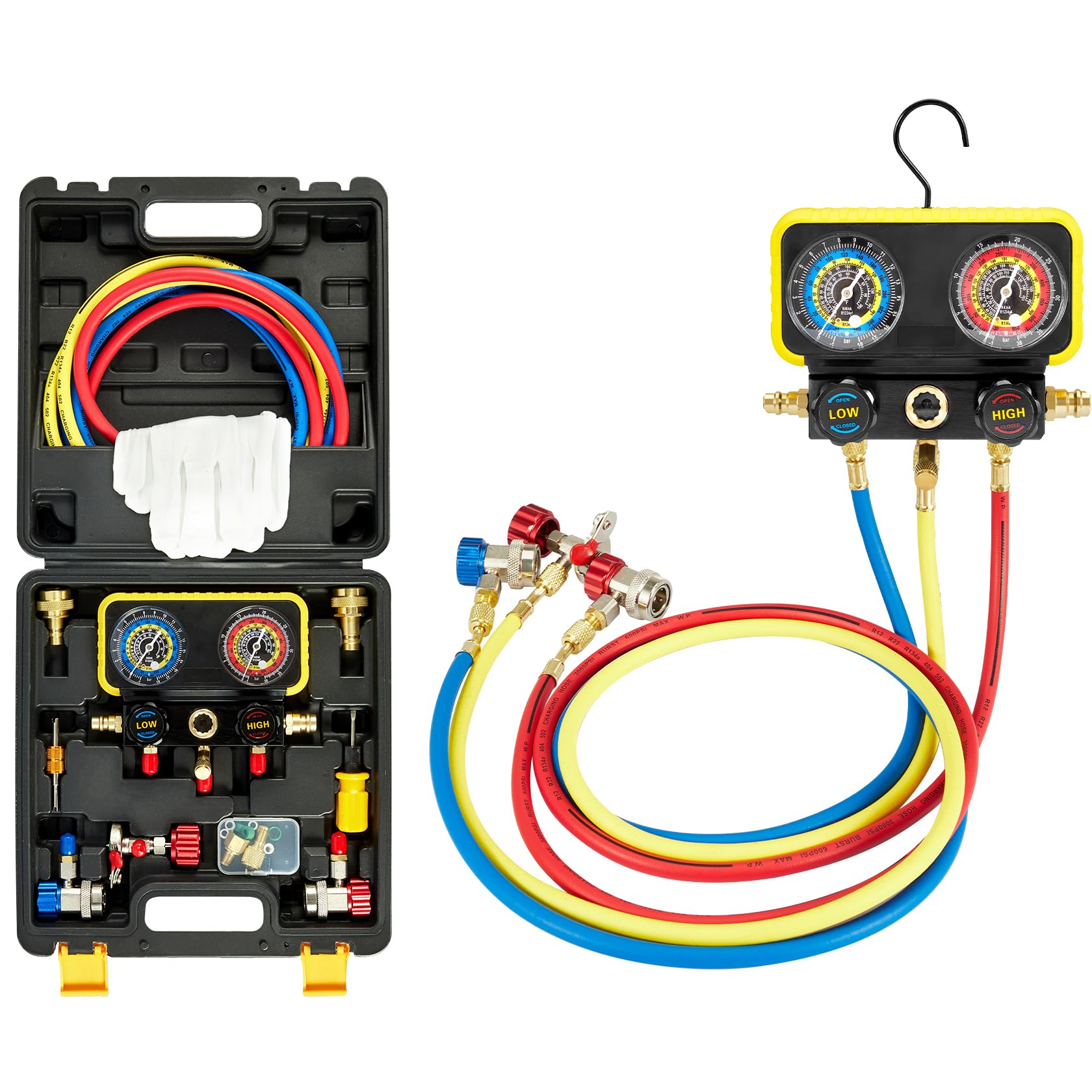 Pindex Manifold Gauge Set für Kältemittel R1234YF R134A R404A, KFZ AC Manometer mit 3x 1,5m Schläuchen
