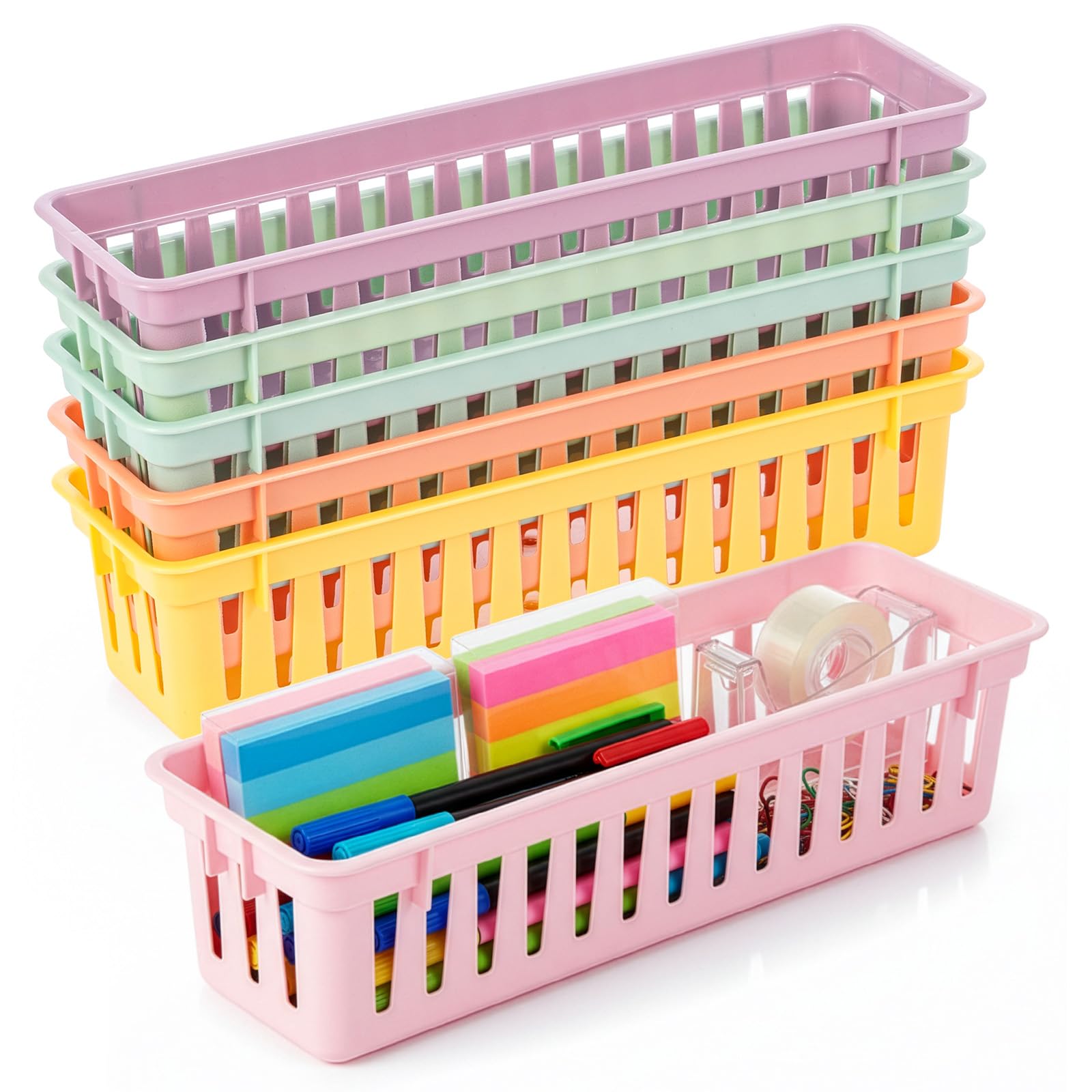 Sunnynest 6 Pcs 6Pcs Classroom Pencil Basket 25.5X7.5x6cm Stationery Storage Baskets Plastic Pen Holders In 6 Colours Coloured Classroom Organiser Basket For Teachers, Students, Homeschool (6 Pcs)