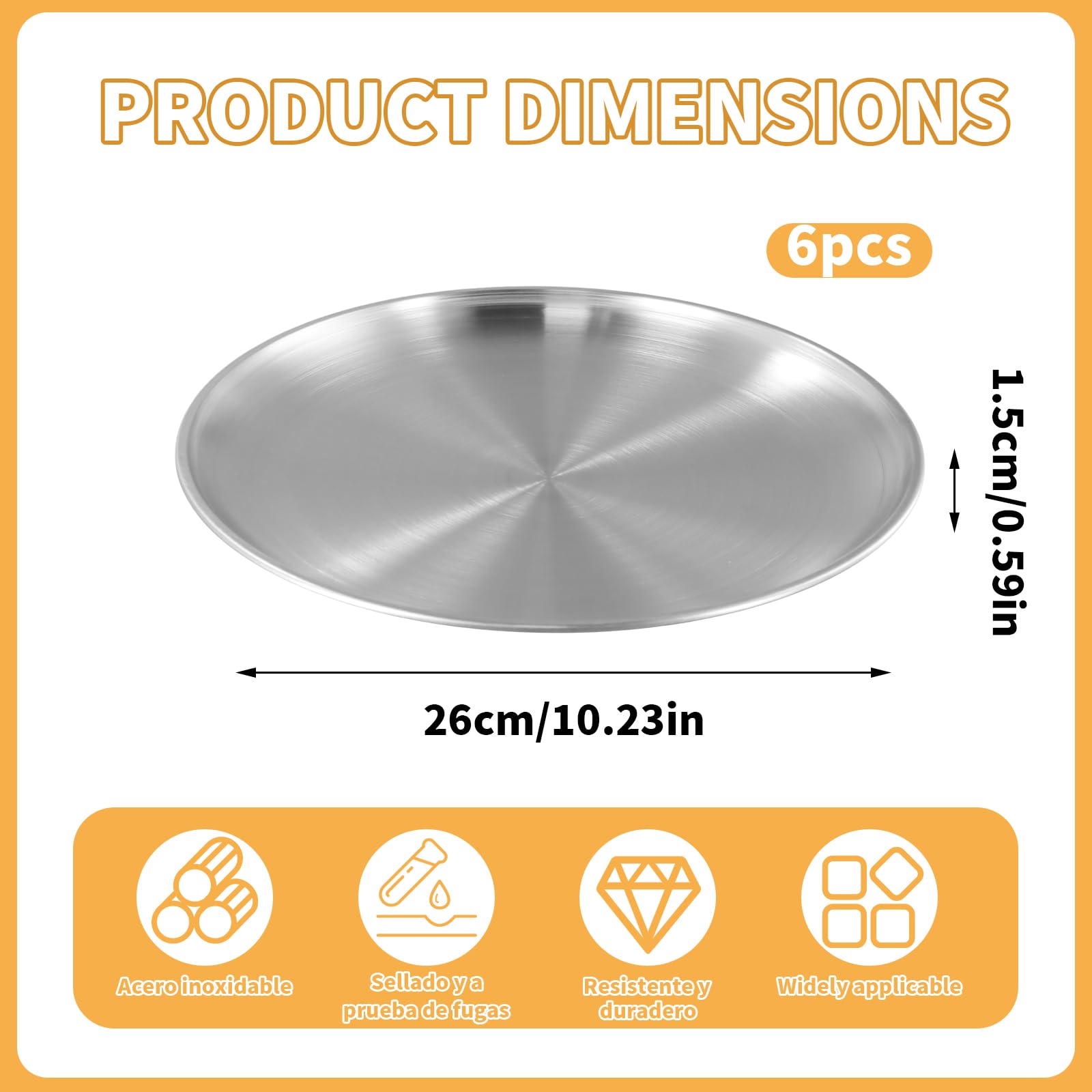 6 Pcs Piatti Piani, Piatto Pizza in Acciaio Inox 304 26cm, Fondo Piatto Ispessito, Piatti da Campeggio Riutilizzabili e Infrangibili, per Outdoor e Casa