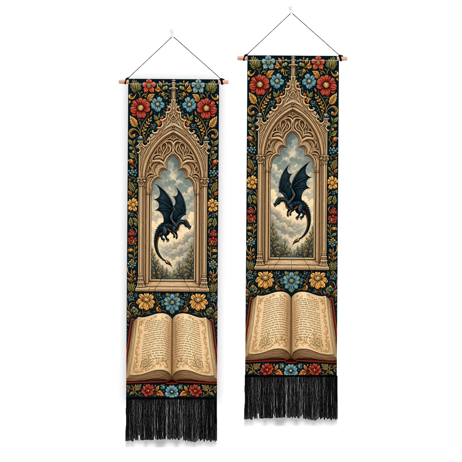 PLIGREAT 2 Pack Dragon Book Vertical Tapestry, Medieval Gothic Wall Hanging for Bedroom Bathroom Living Room Aesthetic Archway Long Narrow Wall Tapestry Dorm Room Home Art Decor, 130x33cm