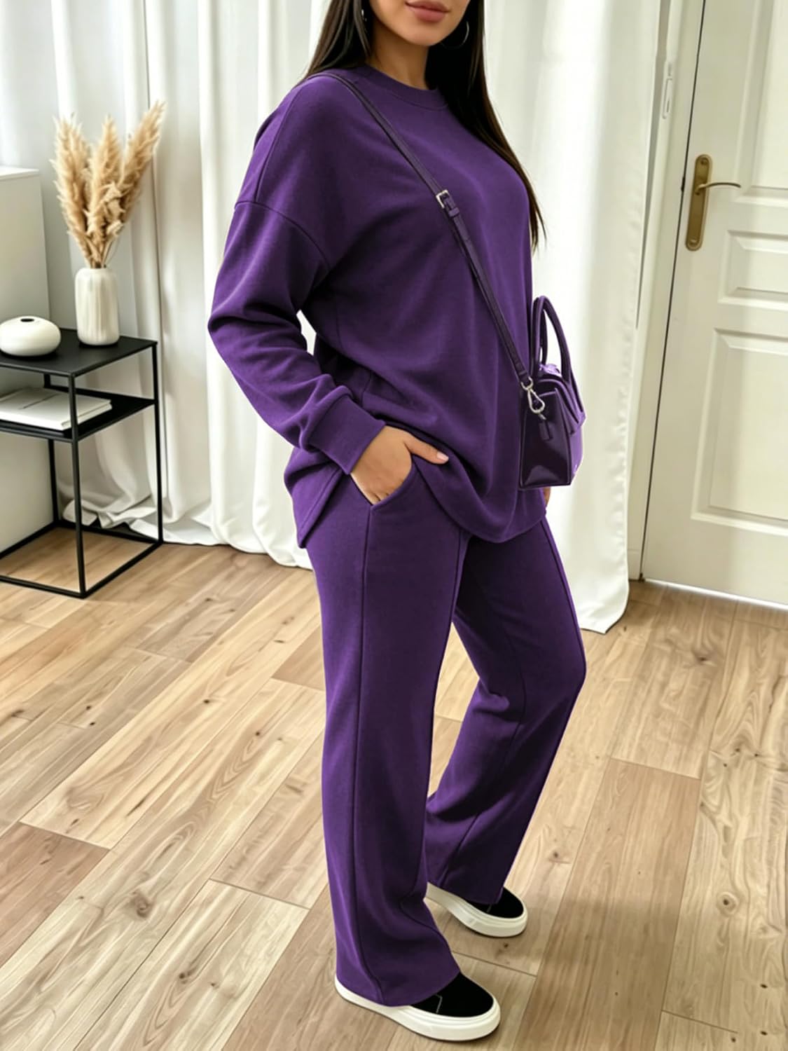 Mrskoala Women 2 Piece Matching Outfits Crewneck Long Sleeve Sweatshirt Wide Leg Pants Tracksuit image 3