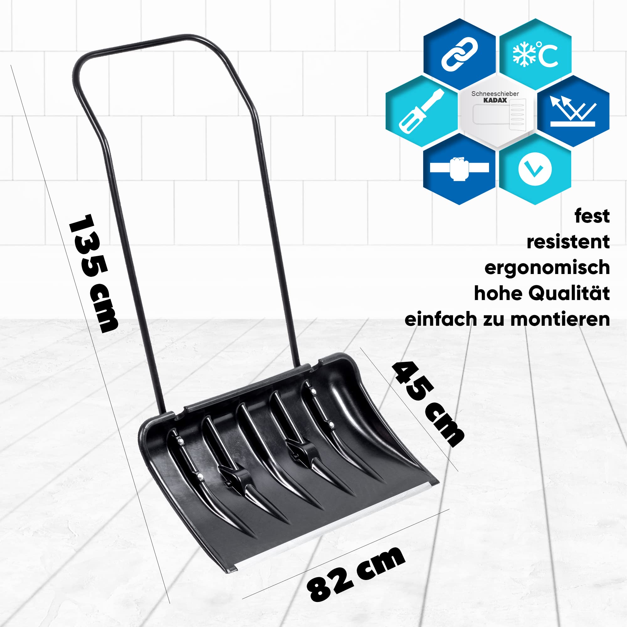 Cablatura di neve Kadax con bordo del profilo in alluminio, ampia pala della neve con ruote, pala con manico in metallo, pala della neve con foglia di plastica, rivestimento di neve (nero)