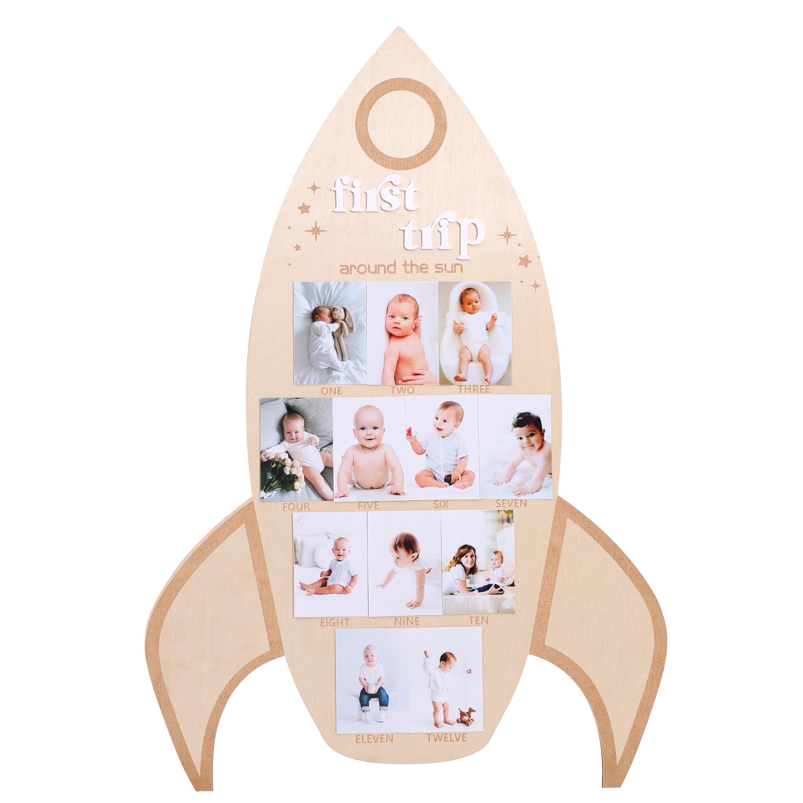 First Trip Around the Sun Monthly Photo Board - My First Year Monthly Photo Display fits 2x3 inch photos, Outer Space Birthday Party Decor, Wooden Rocket First Birthday Photo Board