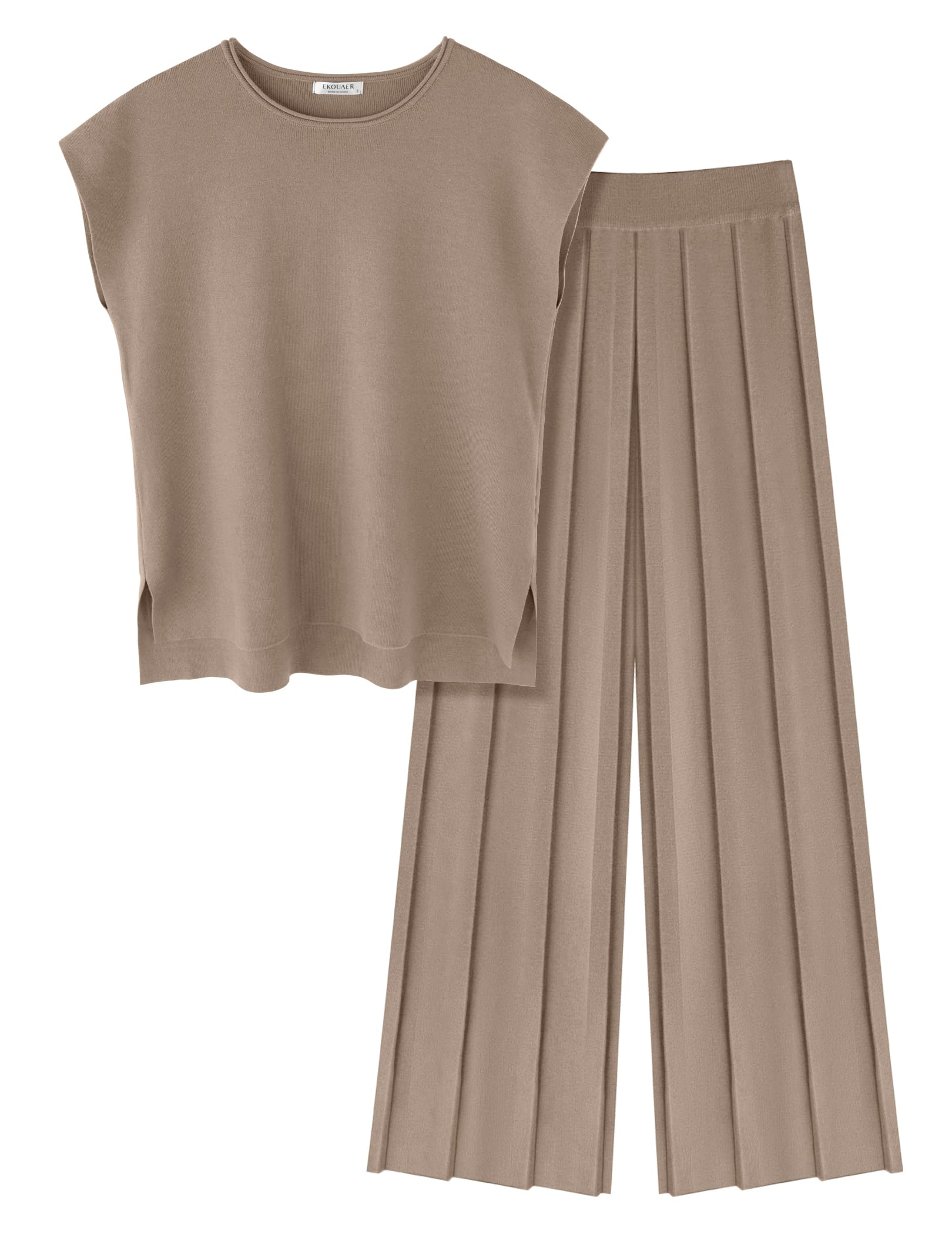 Ekouaer Lounge Sets for Women Two Piece Knit Cap Sleeve Top Wide Leg Pleated Pants