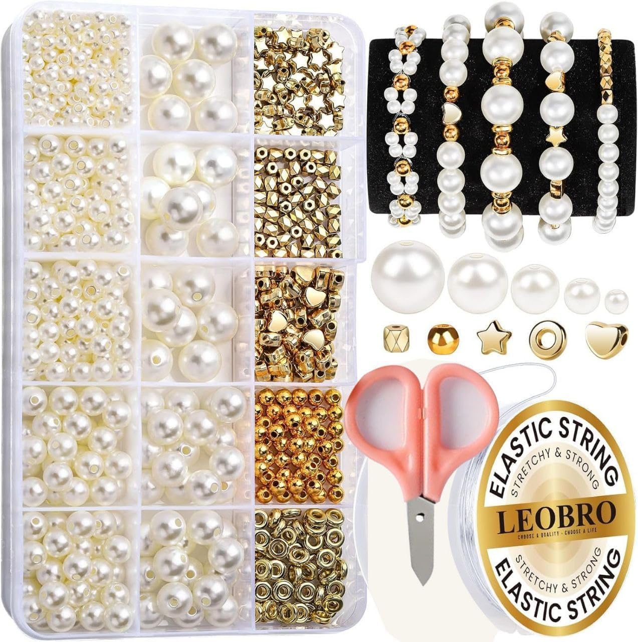 Guellix DIY Jewelry Making Beads Kit for Kids and Adults | Pearl Bracelet, Necklace, Craft Set with White Beads, Gold Spacer | Beads Charms Elastic Cord and Storage Organizer Mermaid Style Supplies