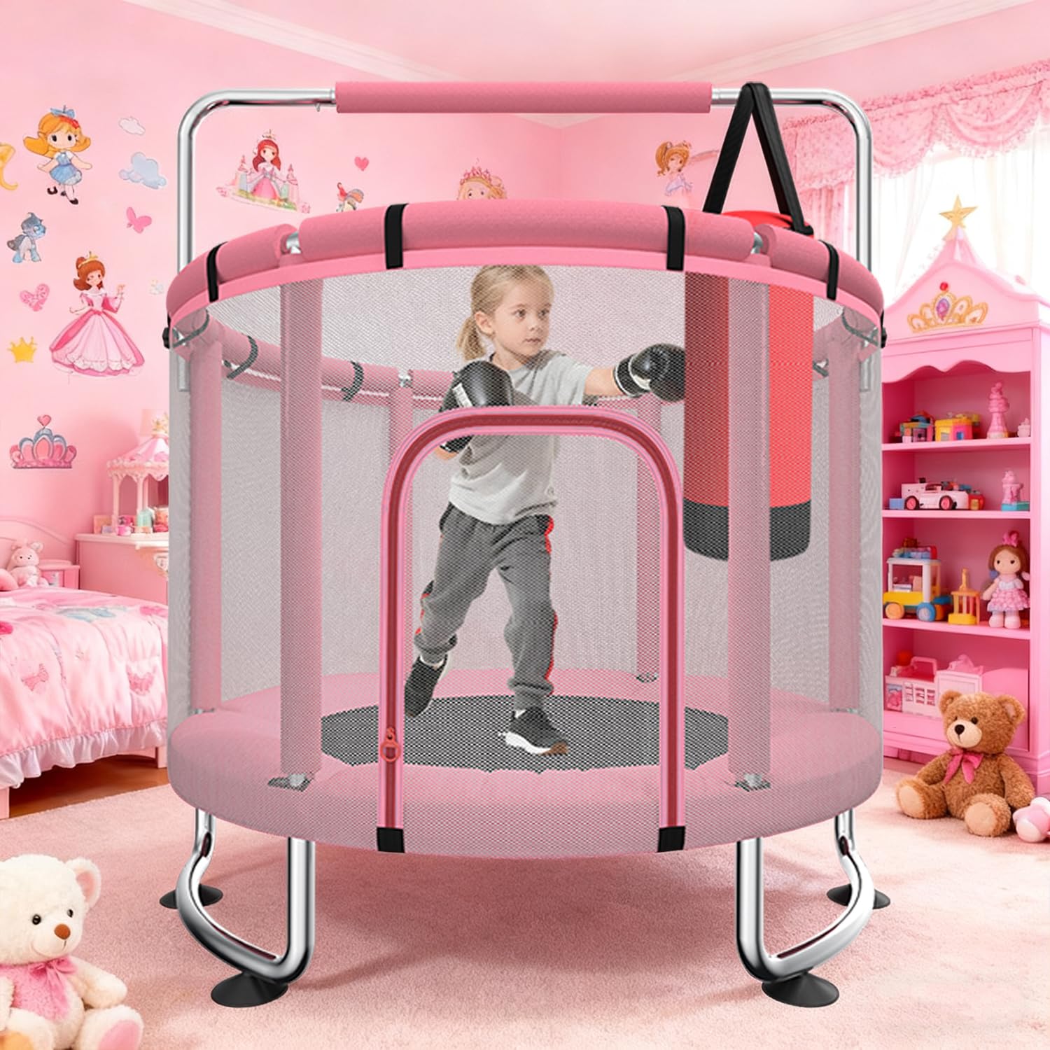 Trampoline pour Enfants 140 cm intérieur/extérieur – Charge maximale 50 kg avec Filet de sécurité, Barre de Gymnastique réglable et Panier de Basket, Cadeau pour garçons et Filles