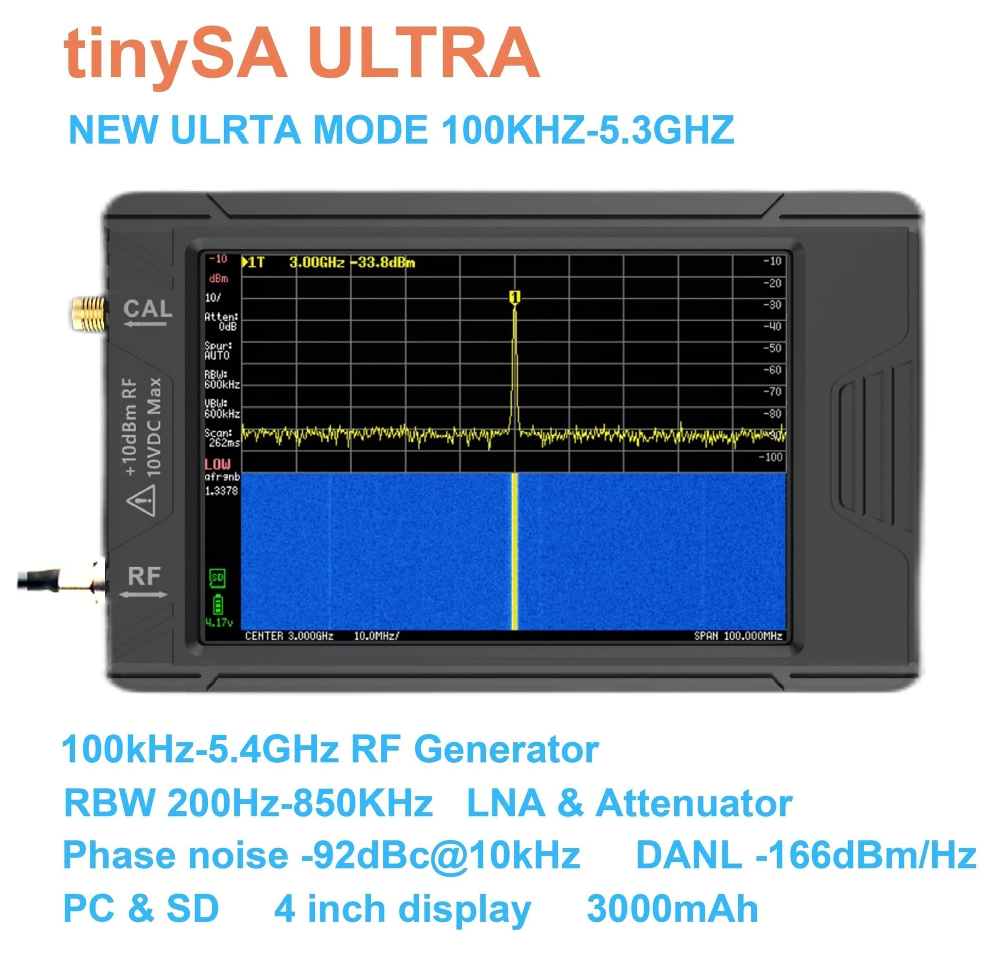 Analizador de espectro, Analizador de Espectro Ultra con Atenuador de 25W Pantalla TFT de 4" 100kHz a 5.3GHz con Tarjeta de 32GB Versión V0.4.5.1