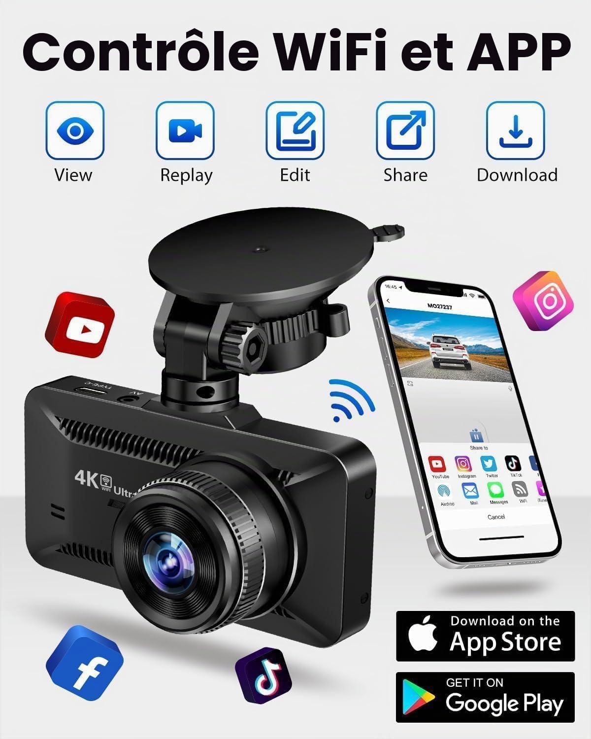 Oryzom Dashcam 4k Pro,Enregistrement Ultra HD avec Caméras Avant/Arrière,Vision Nocturne Et Surveillance 24h/24，4K+1080P+64GB
