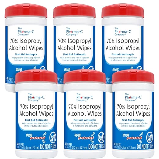 Pharma-c 70% isopropyl alcohol wipes [6 pack - 40ct canisters] - bulk ipa first aid antiseptic wound cleaner with moisture lock lid. For minor cuts, scrapes, and burns. Made in usa