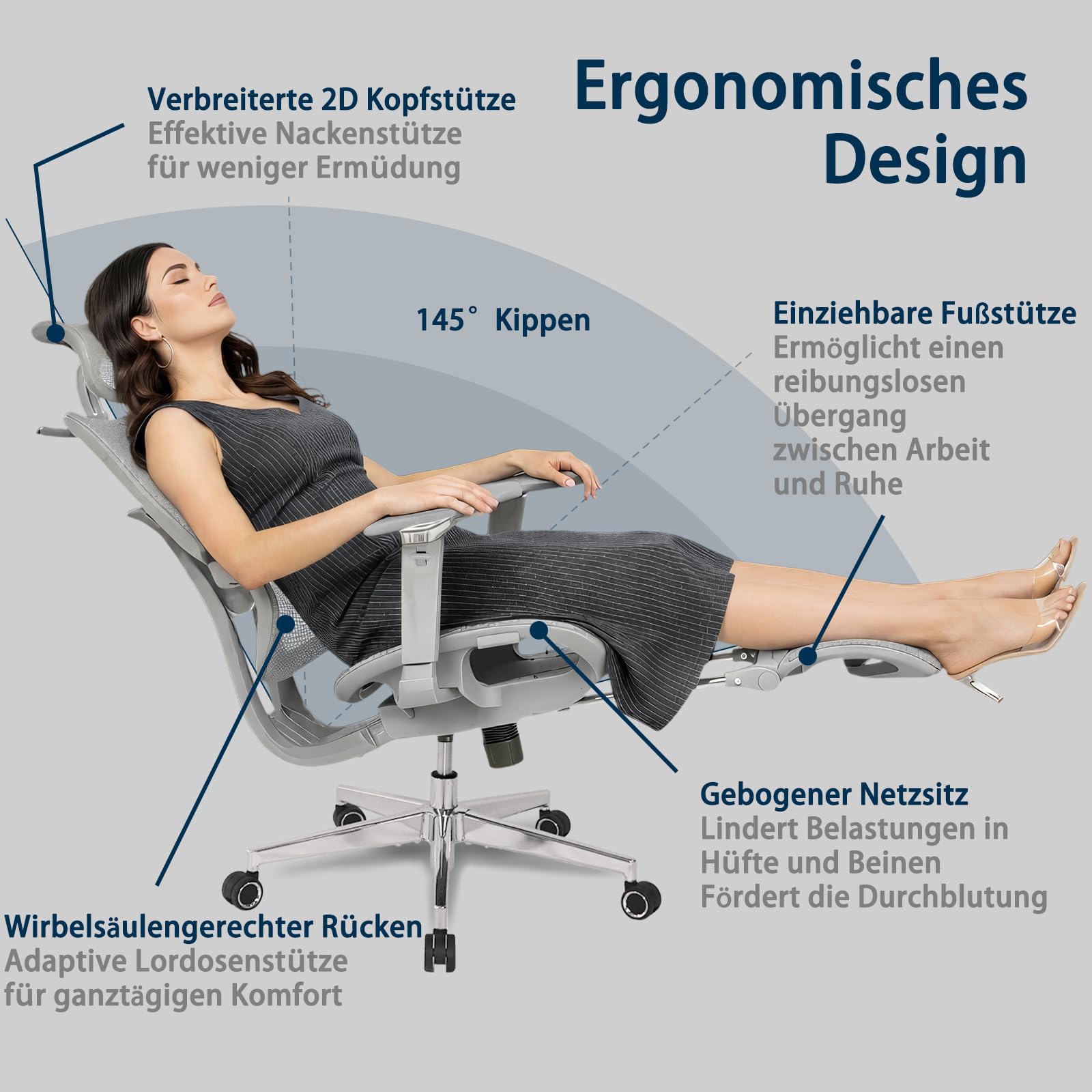 Ergonomischer Bürostuhl Große und Schwere mit Fußstütze, 5D Verstellbare Armlehnen, Lendenstütze, Netz-Rückenlehne, Verstellbare Sitztiefe, Drehbarer Gaming Stuhl Grau